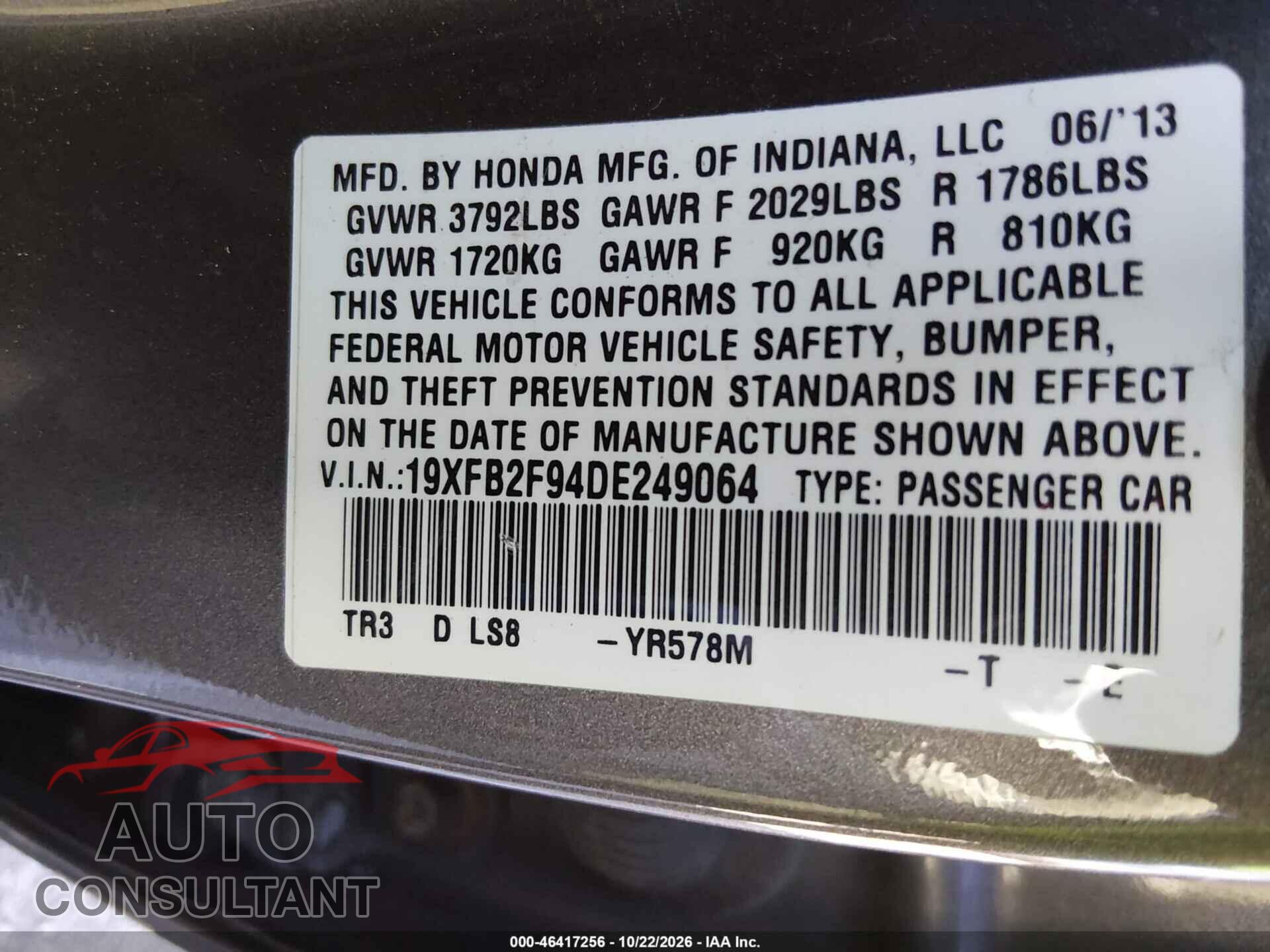 HONDA CIVIC 2013 - 19XFB2F94DE249064
