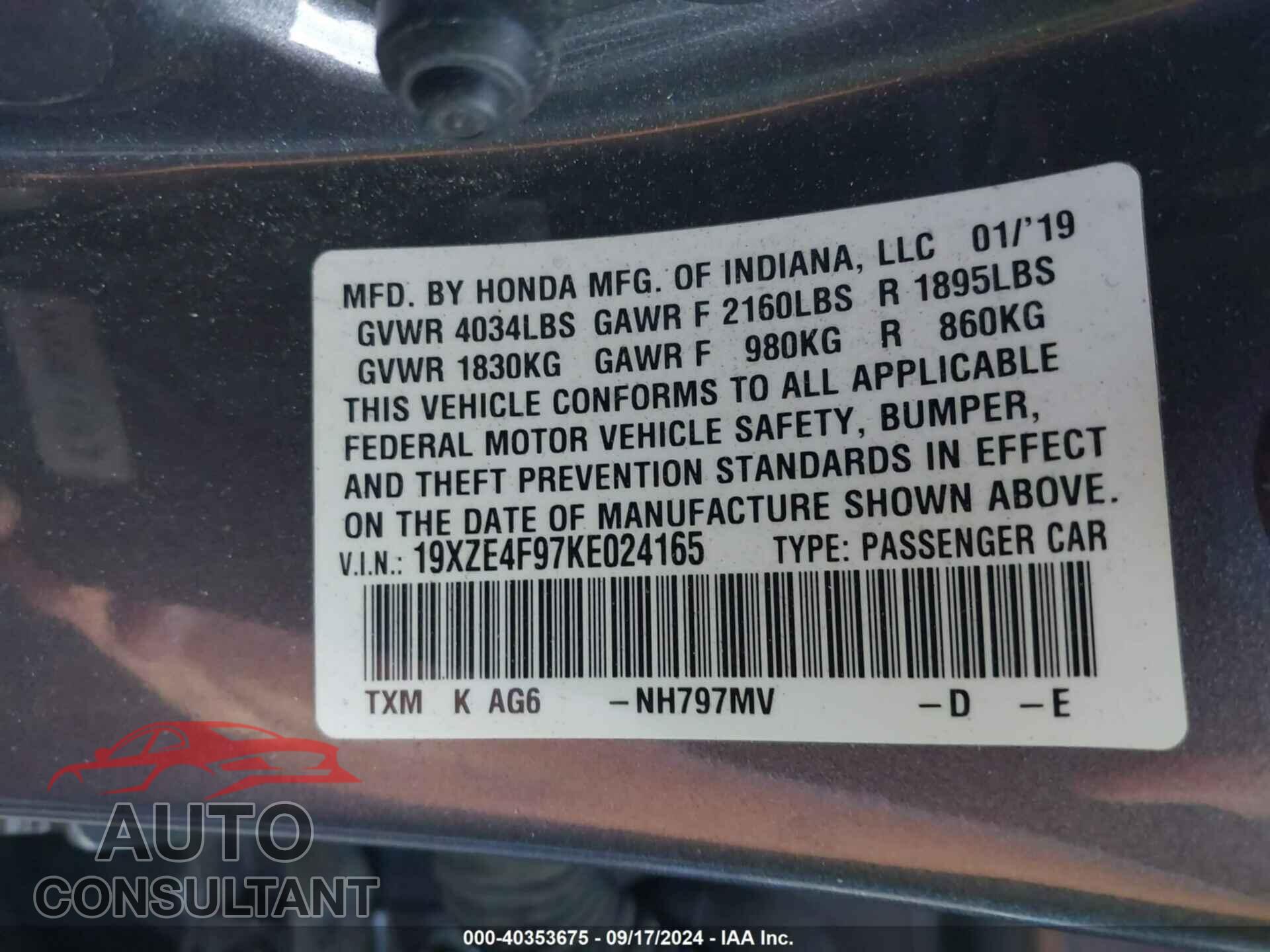 HONDA INSIGHT 2019 - 19XZE4F97KE024165