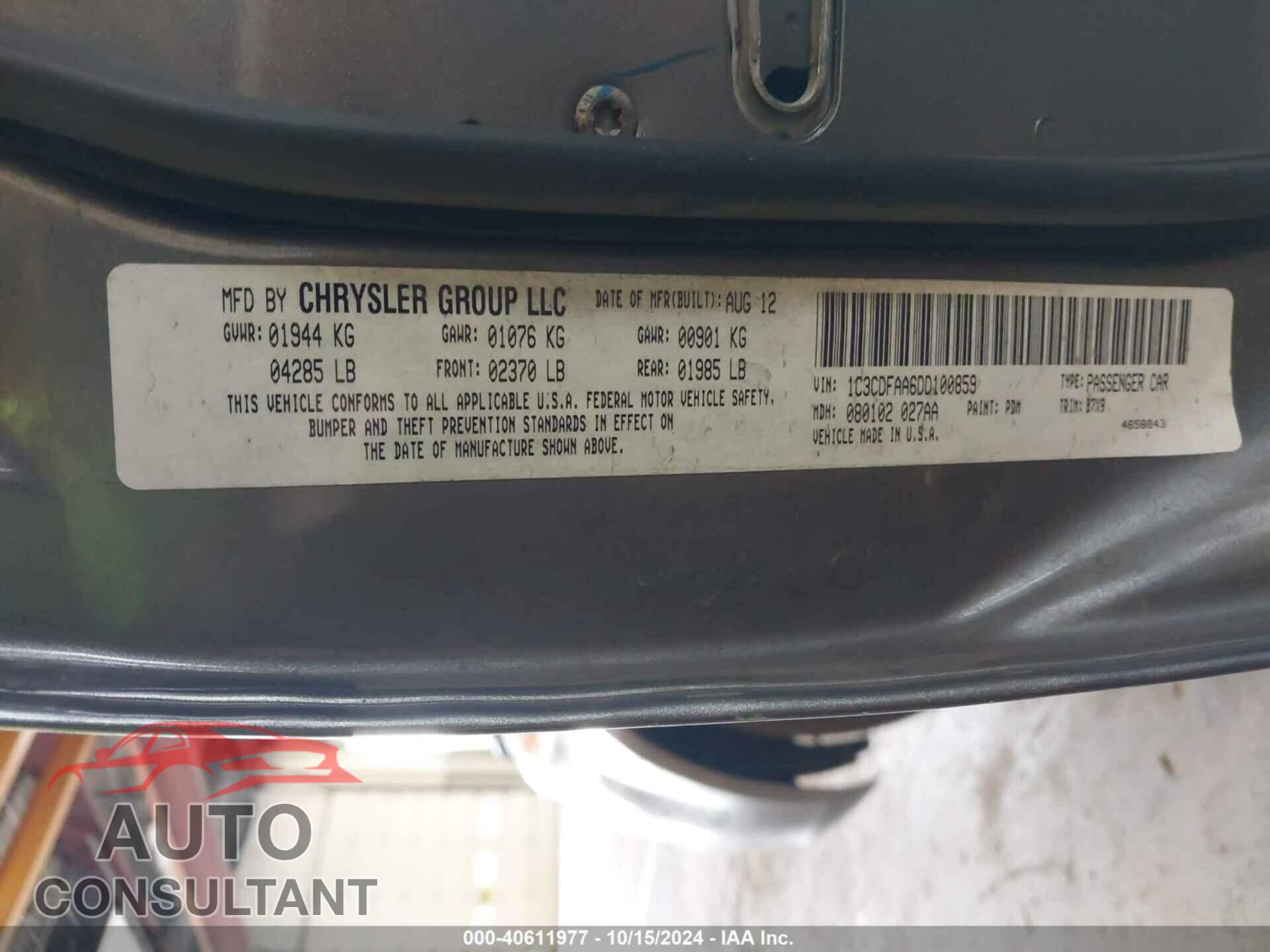 DODGE DART 2013 - 1C3CDFAA6DD100859