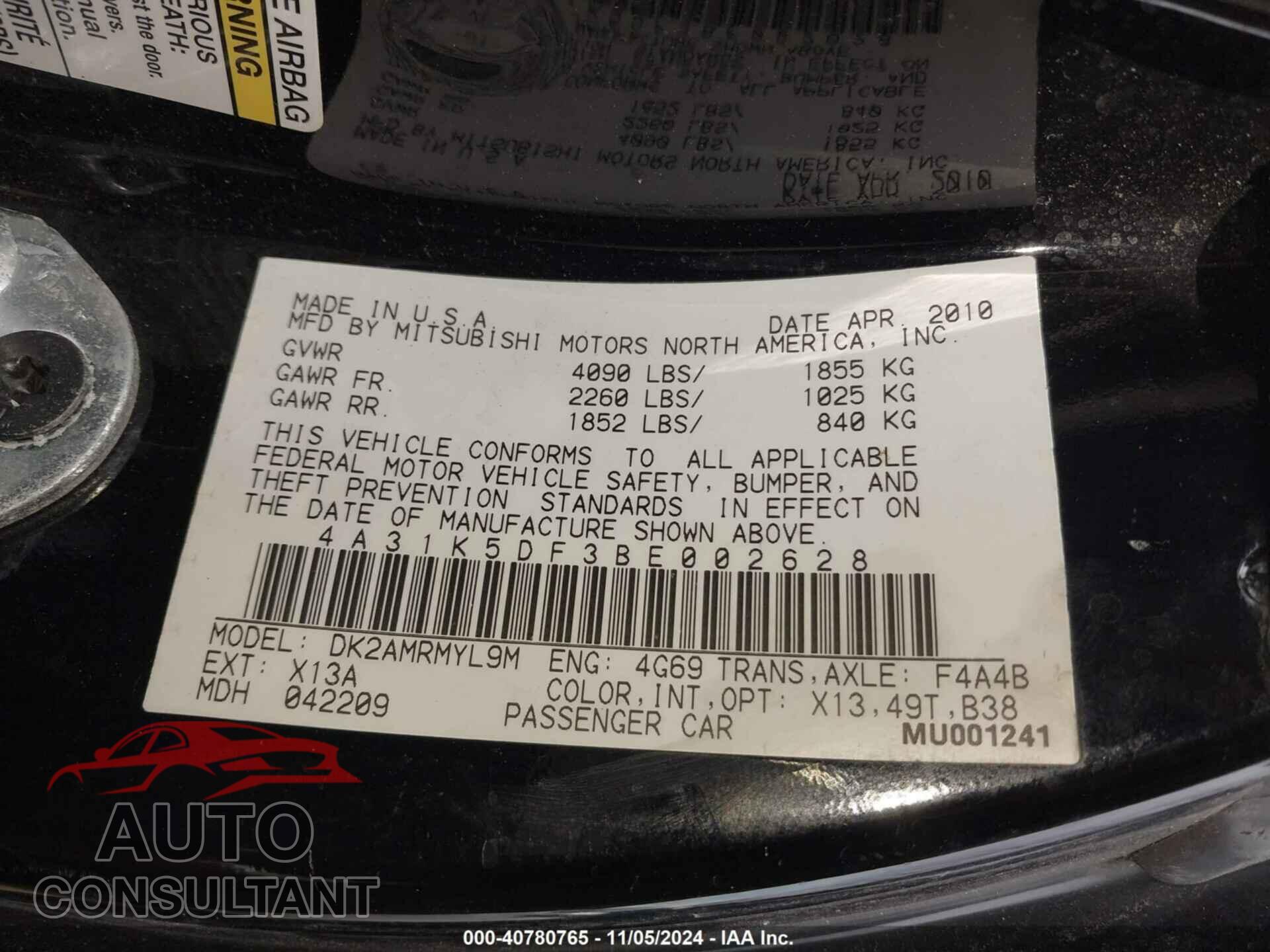MITSUBISHI ECLIPSE 2011 - 4A31K5DF3BE002628