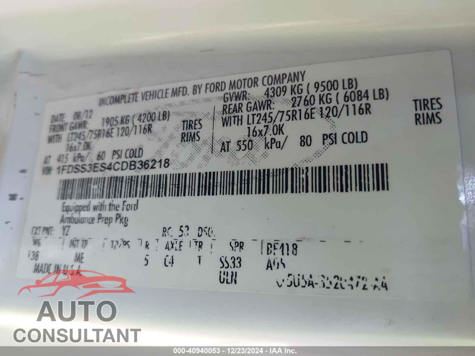 FORD E-350 SUPER DUTY 2012 - 1FDSS3ES4CDB36218