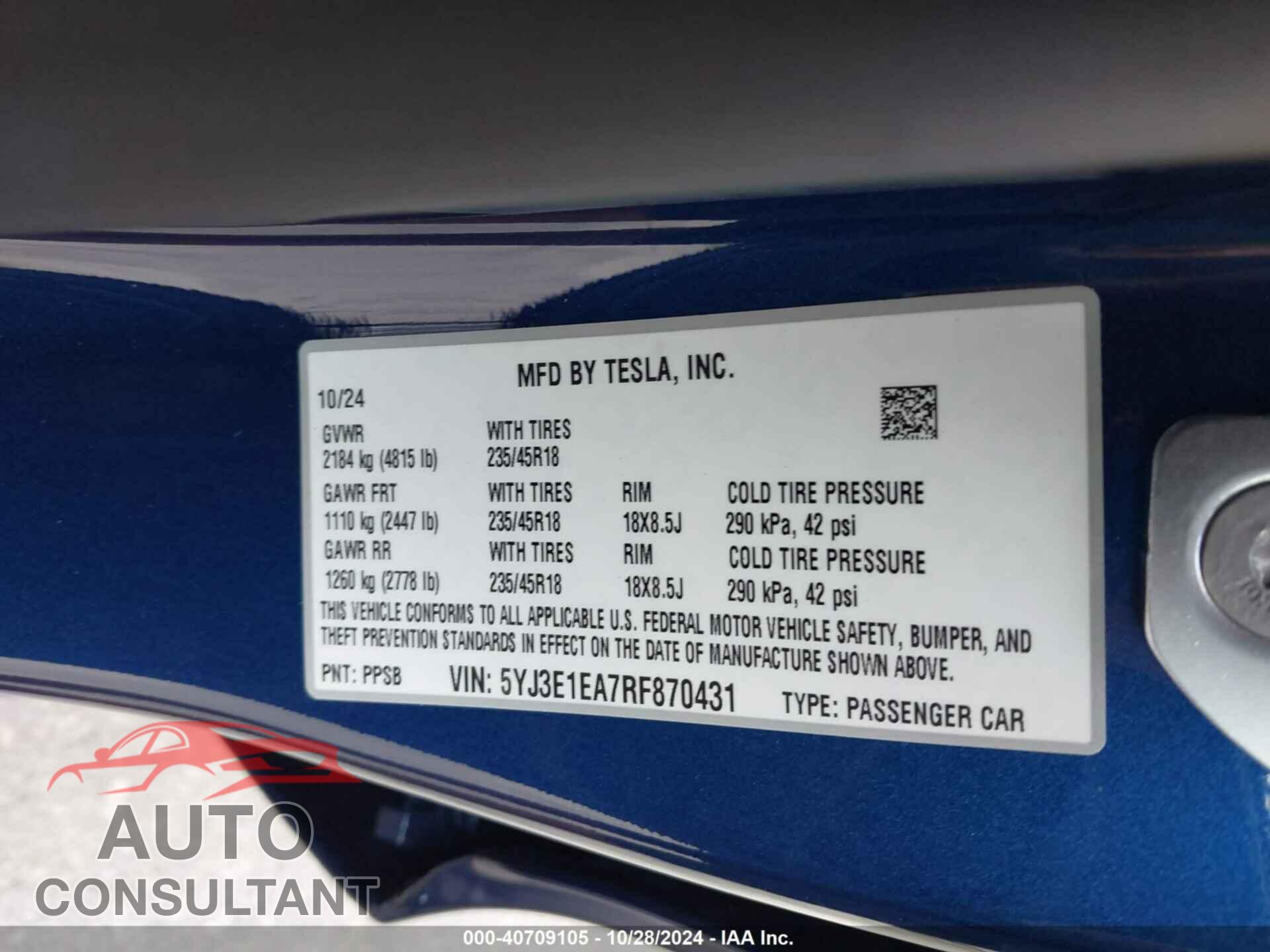 TESLA MODEL 3 2024 - 5YJ3E1EA7RF870431