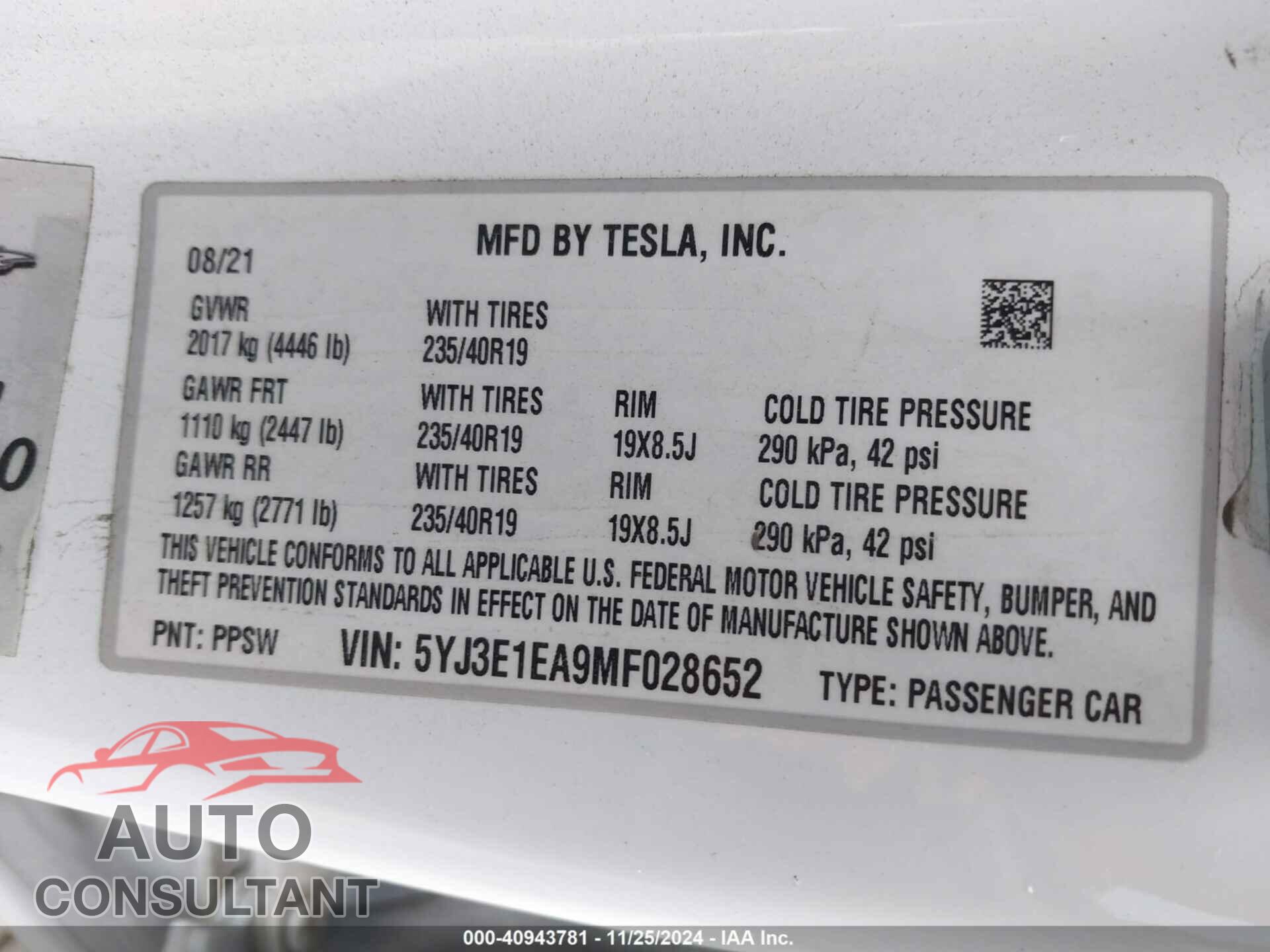 TESLA MODEL 3 2021 - 5YJ3E1EA9MF028652