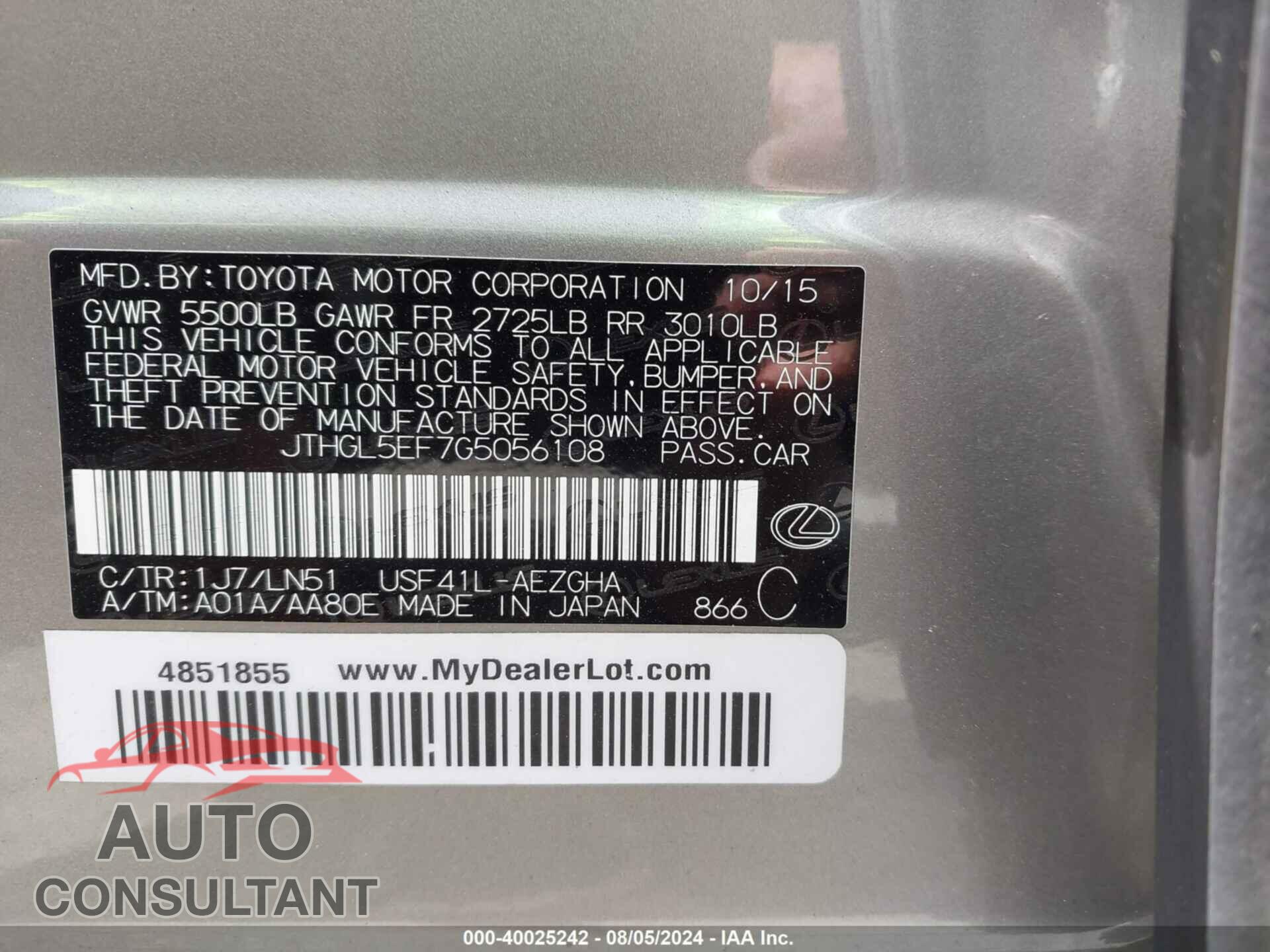 LEXUS LS 460 2016 - JTHGL5EF7G5056108