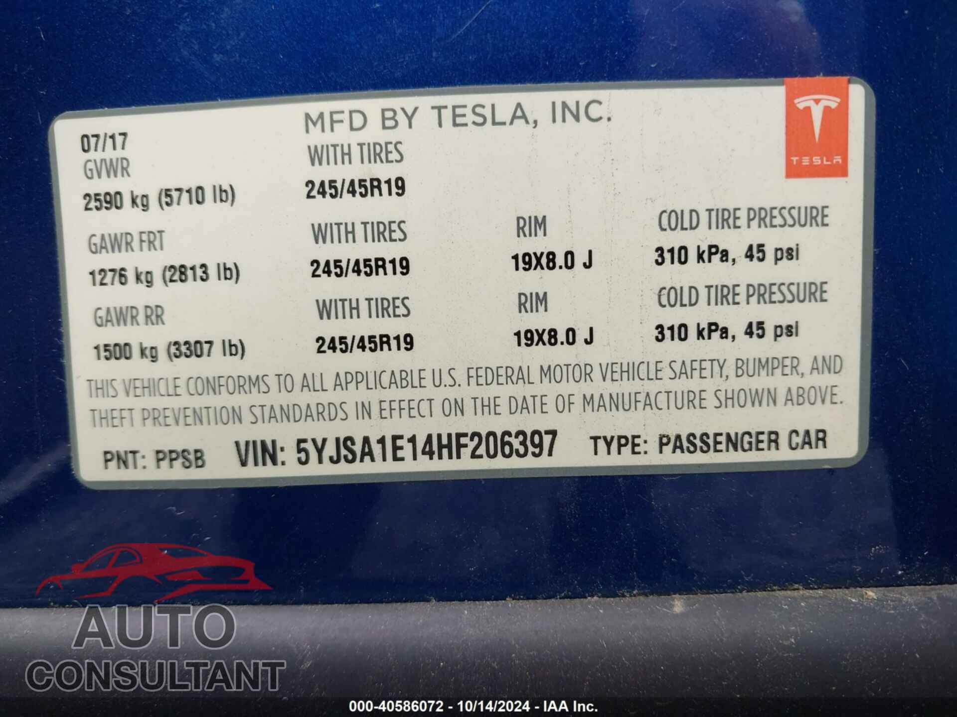 TESLA MODEL S 2017 - 5YJSA1E14HF206397