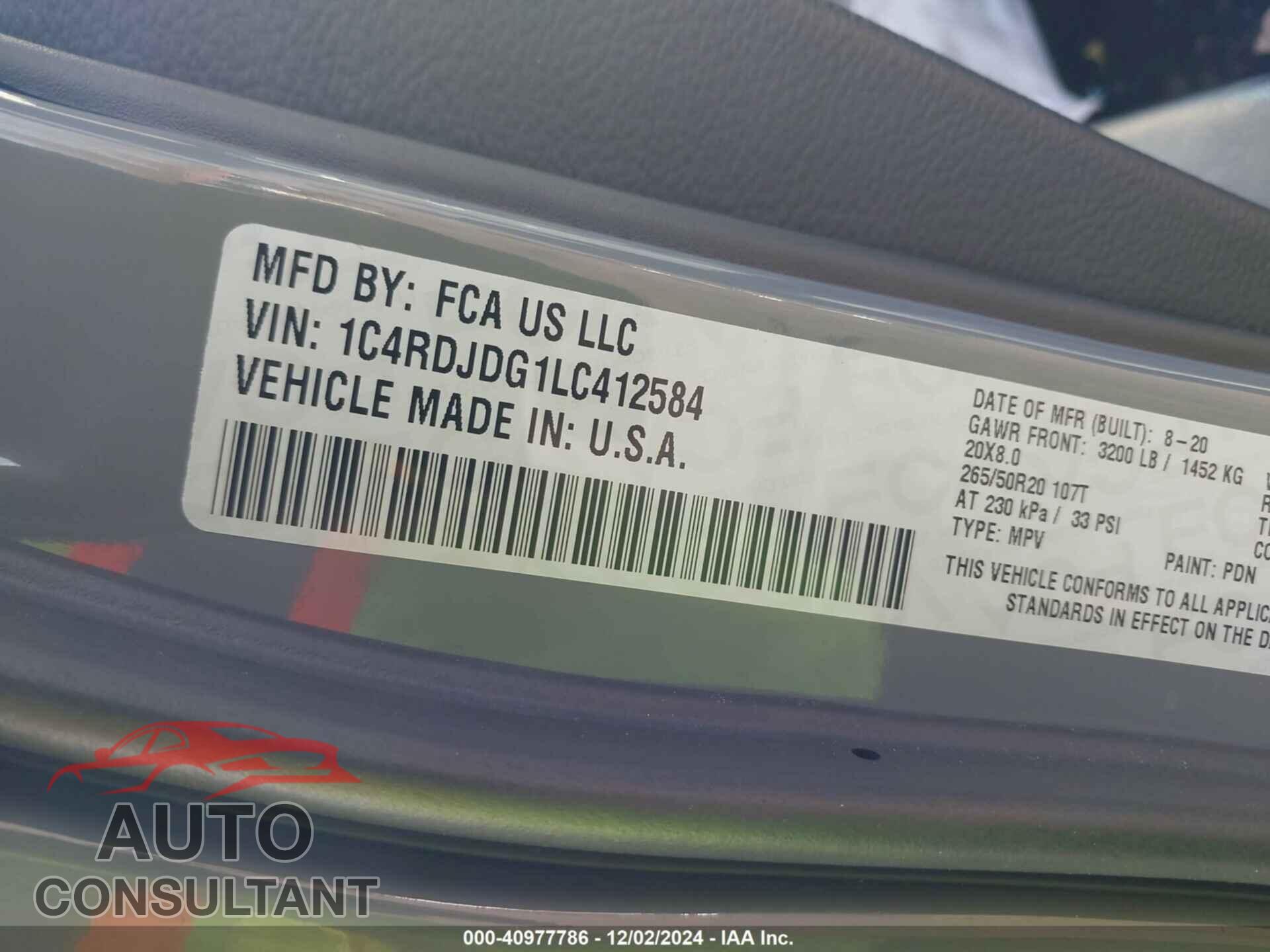 DODGE DURANGO 2020 - 1C4RDJDG1LC412584
