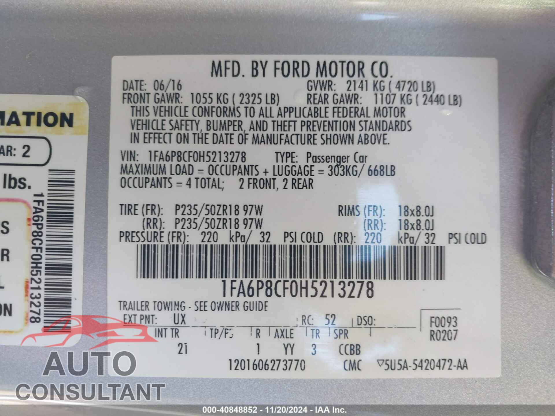 FORD MUSTANG 2017 - 1FA6P8CF0H5213278