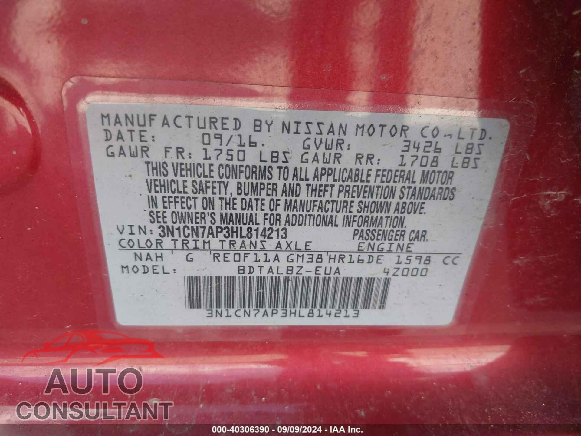 NISSAN VERSA 2017 - 3N1CN7AP3HL814213