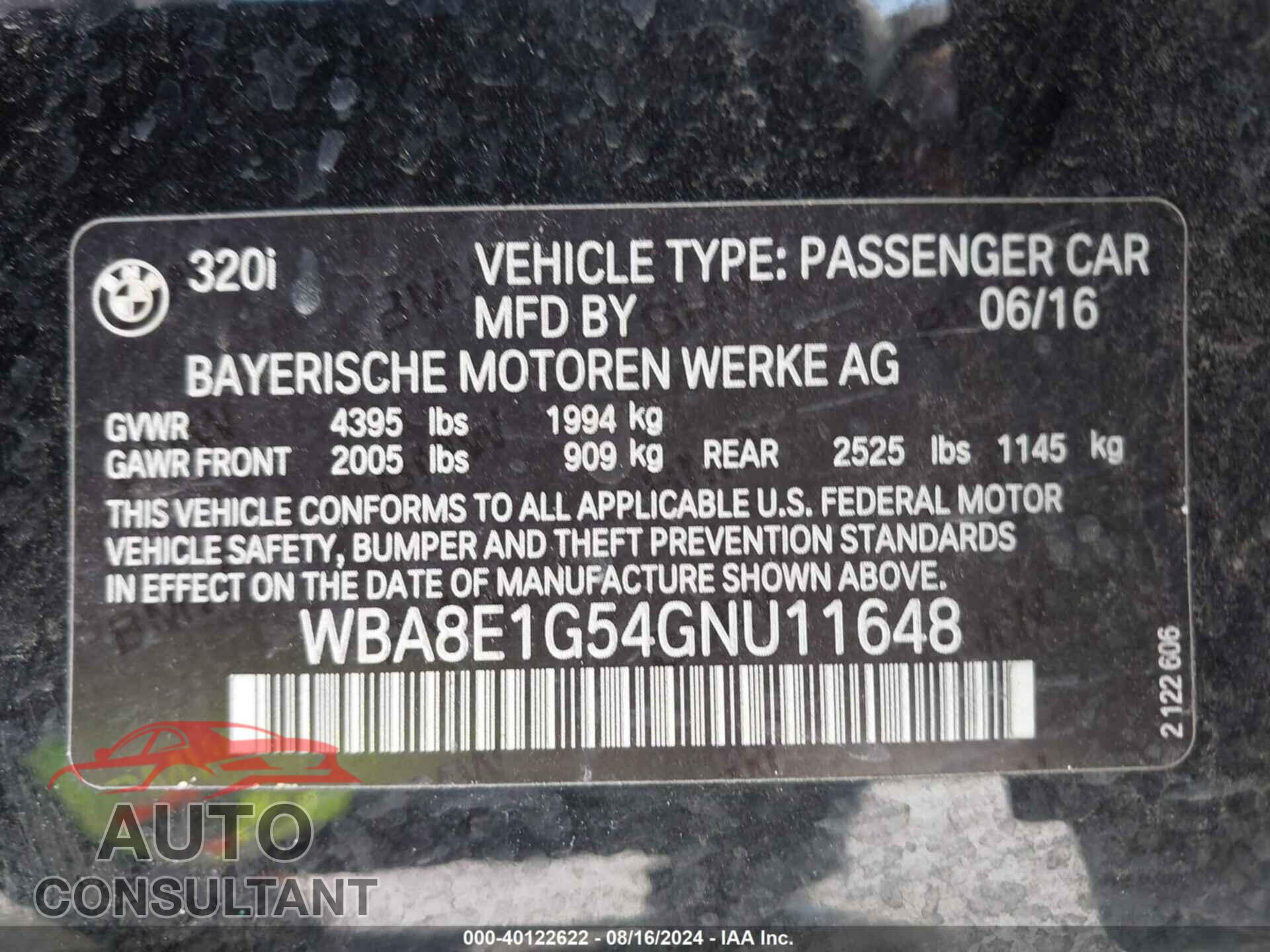BMW 320I 2016 - WBA8E1G54GNU11648