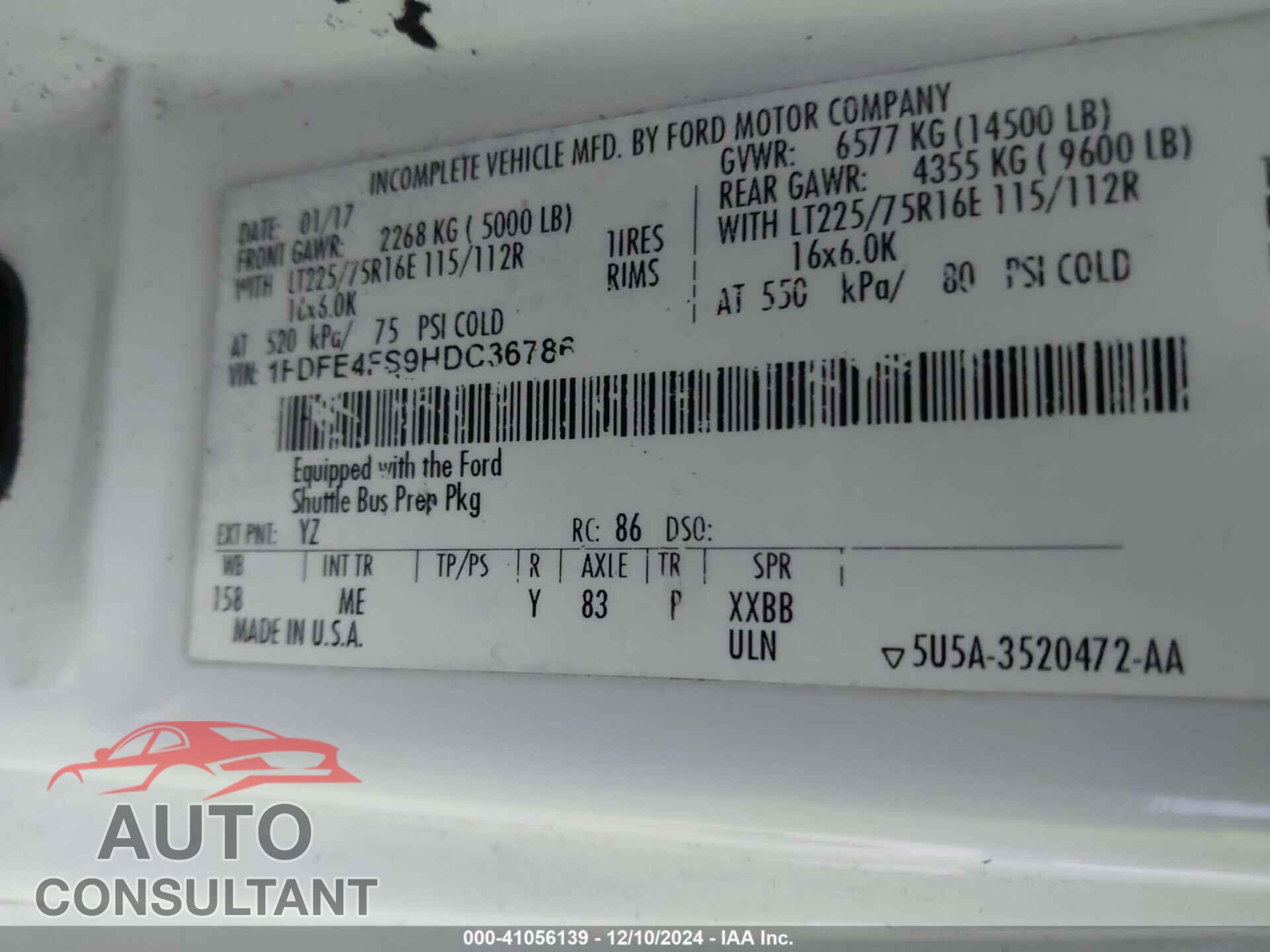 FORD E-450 CUTAWAY 2017 - 1FDFE4FS9HDC36786