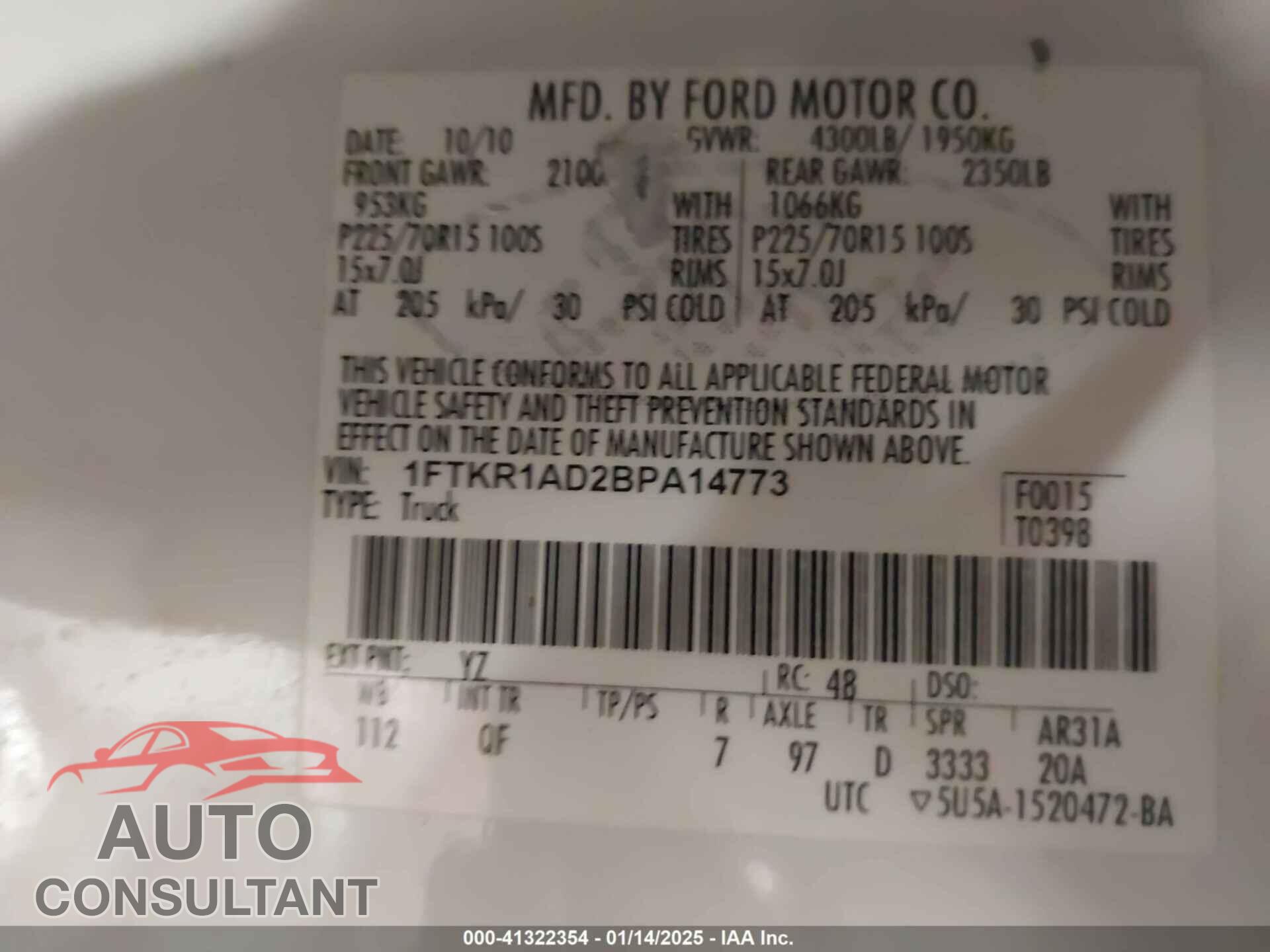 FORD RANGER 2011 - 1FTKR1AD2BPA14773