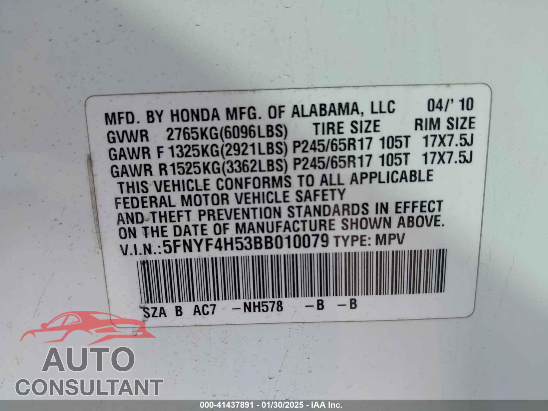 HONDA PILOT 2011 - 5FNYF4H53BB010079