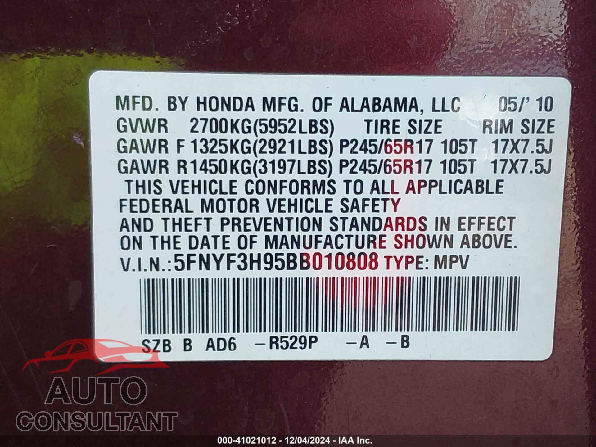 HONDA PILOT 2011 - 5FNYF3H95BB010808
