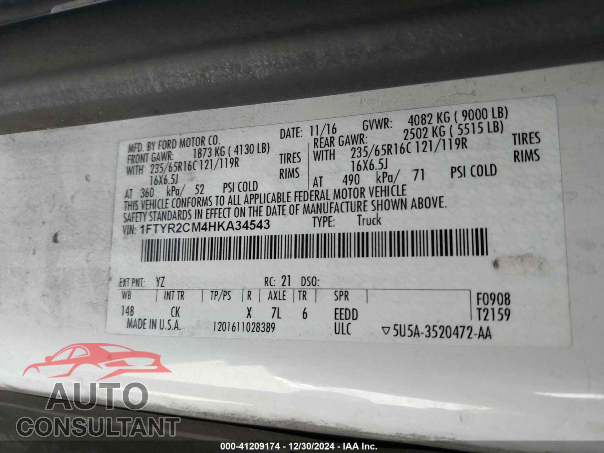 FORD TRANSIT 2017 - 1FTYR2CM4HKA34543