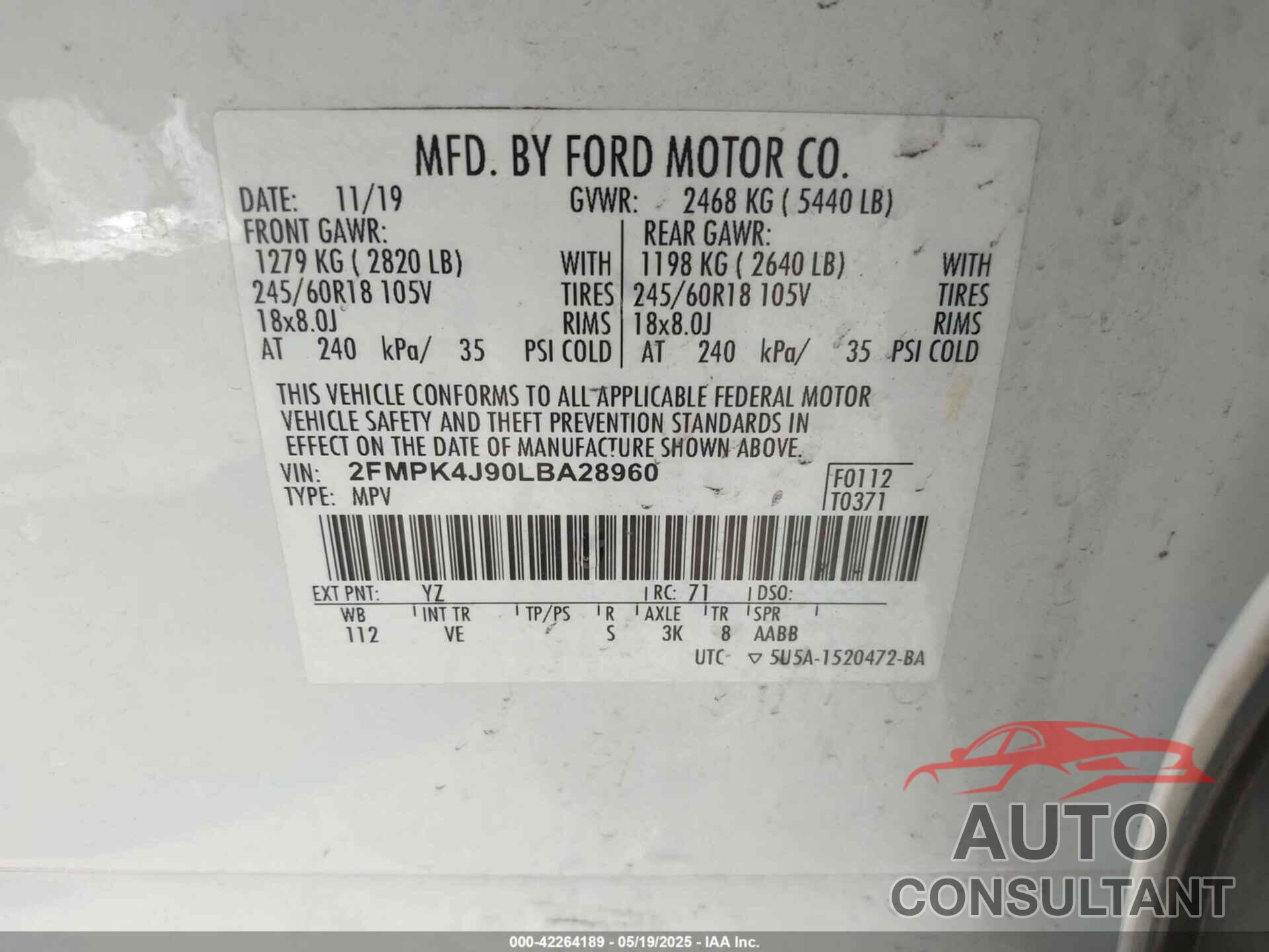 FORD EDGE 2020 - 2FMPK4J90LBA28960