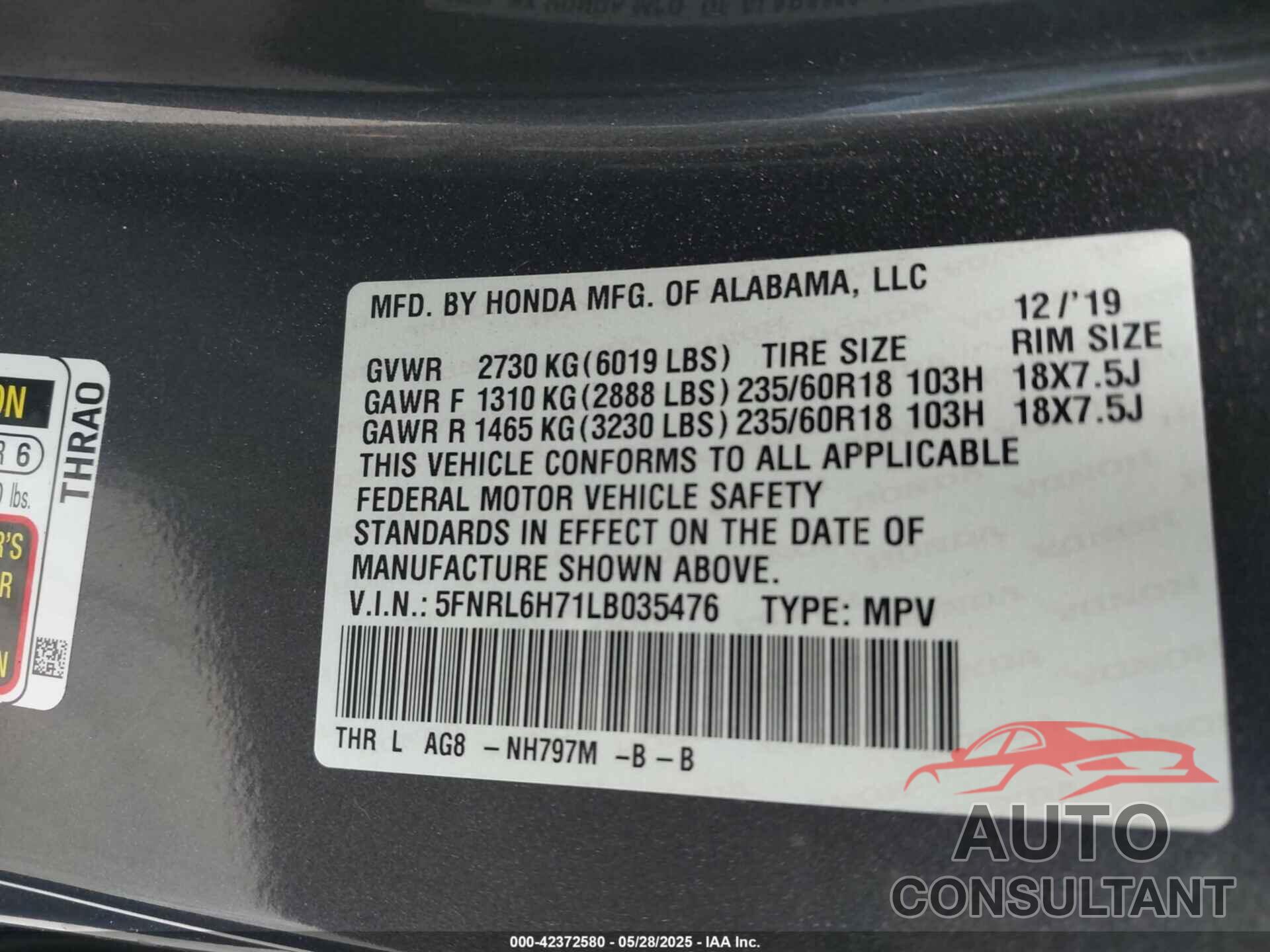 HONDA ODYSSEY 2020 - 5FNRL6H71LB035476