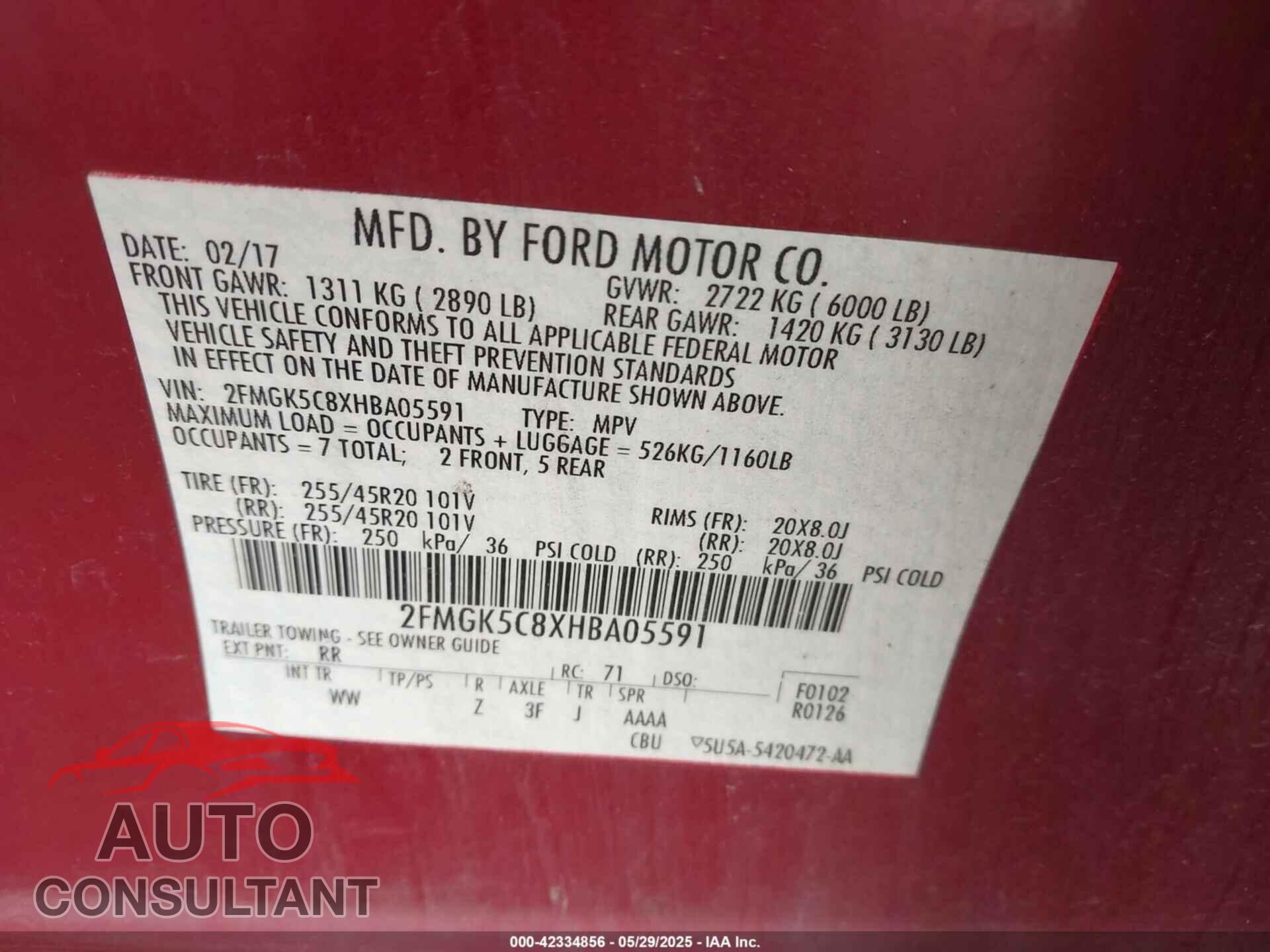 FORD FLEX 2017 - 2FMGK5C8XHBA05591