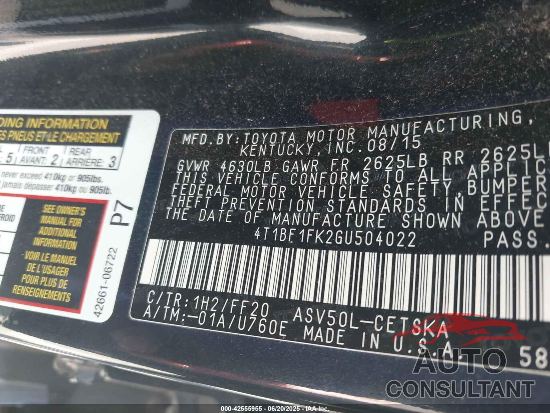 TOYOTA CAMRY 2016 - 4T1BF1FK2GU504022