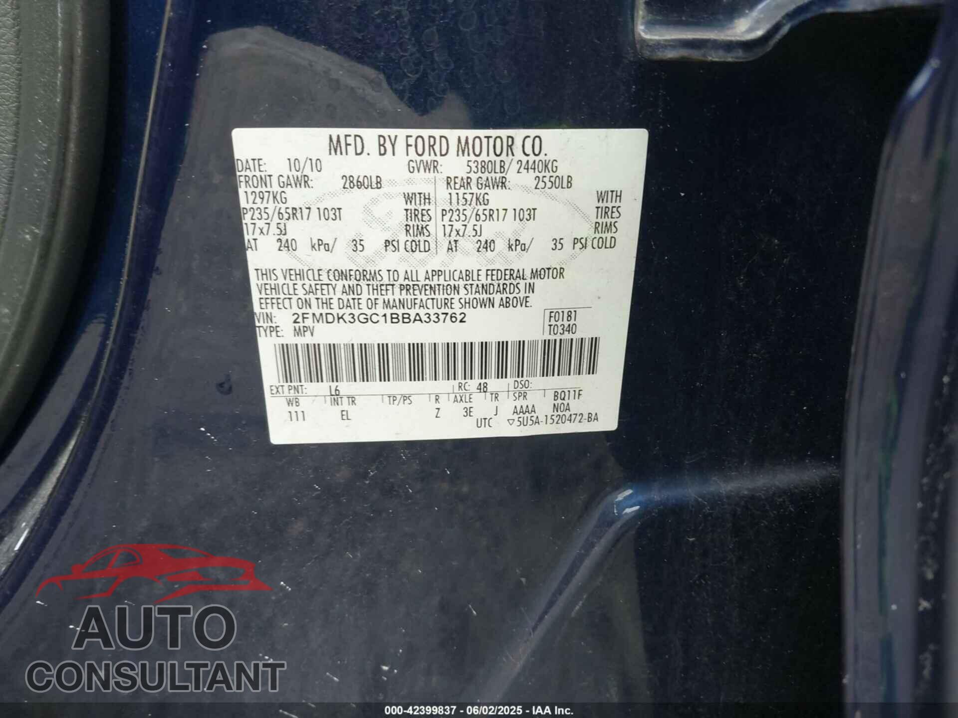 FORD EDGE 2011 - 2FMDK3GC1BBA33762