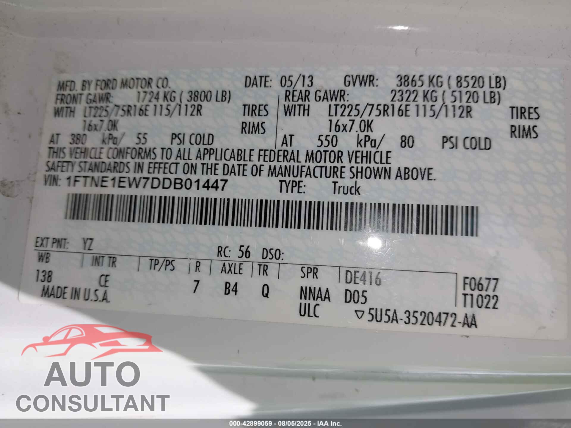 FORD E-150 2013 - 1FTNE1EW7DDB01447