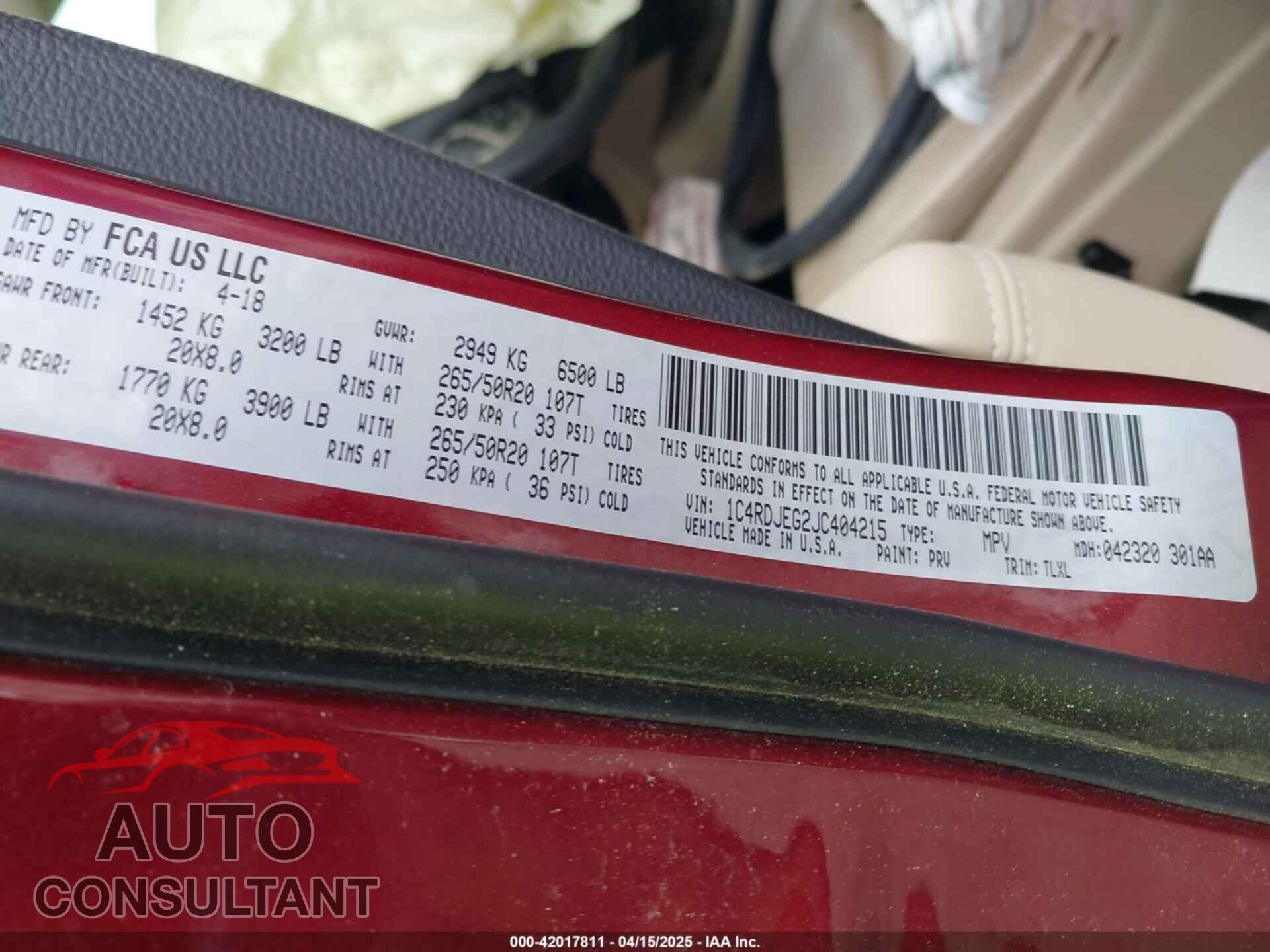 DODGE DURANGO 2018 - 1C4RDJEG2JC404215