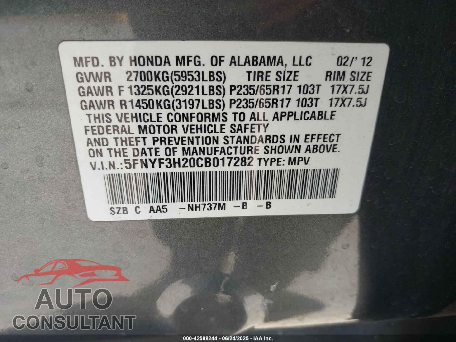 HONDA PILOT 2012 - 5FNYF3H20CB017282