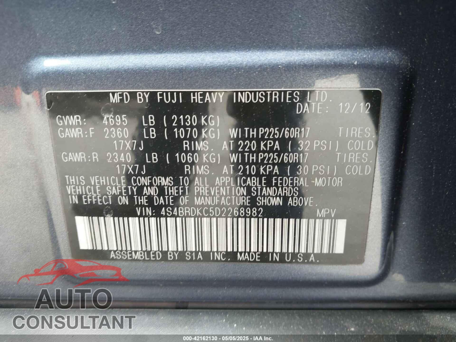 SUBARU OUTBACK 2013 - 4S4BRDKC5D2268982
