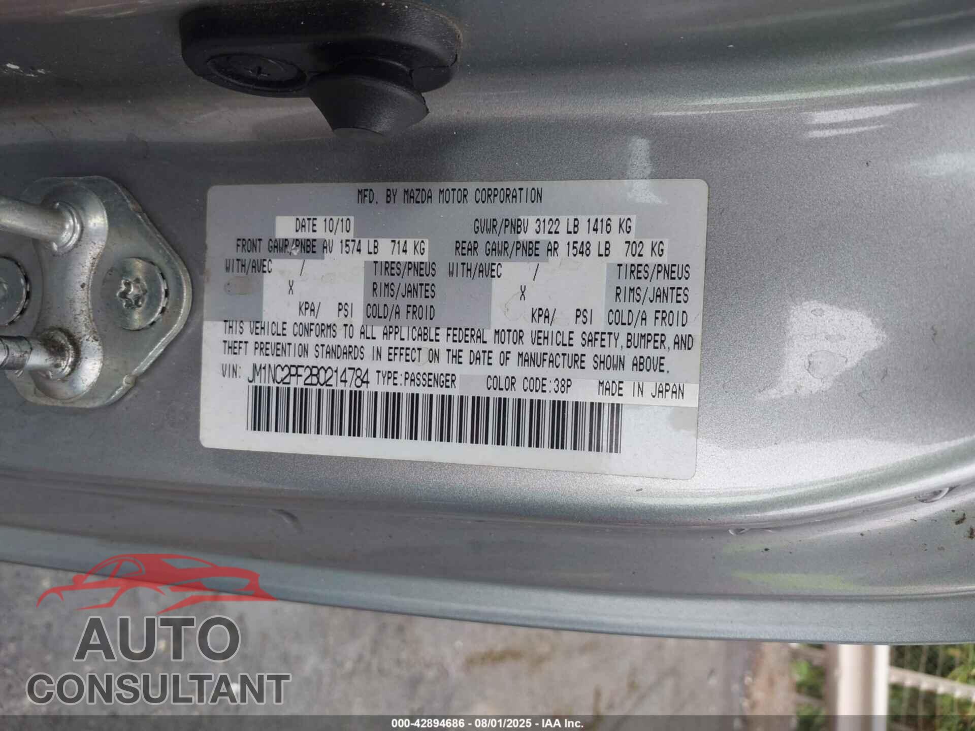 MAZDA MX-5 MIATA 2011 - JM1NC2PF2B0214784