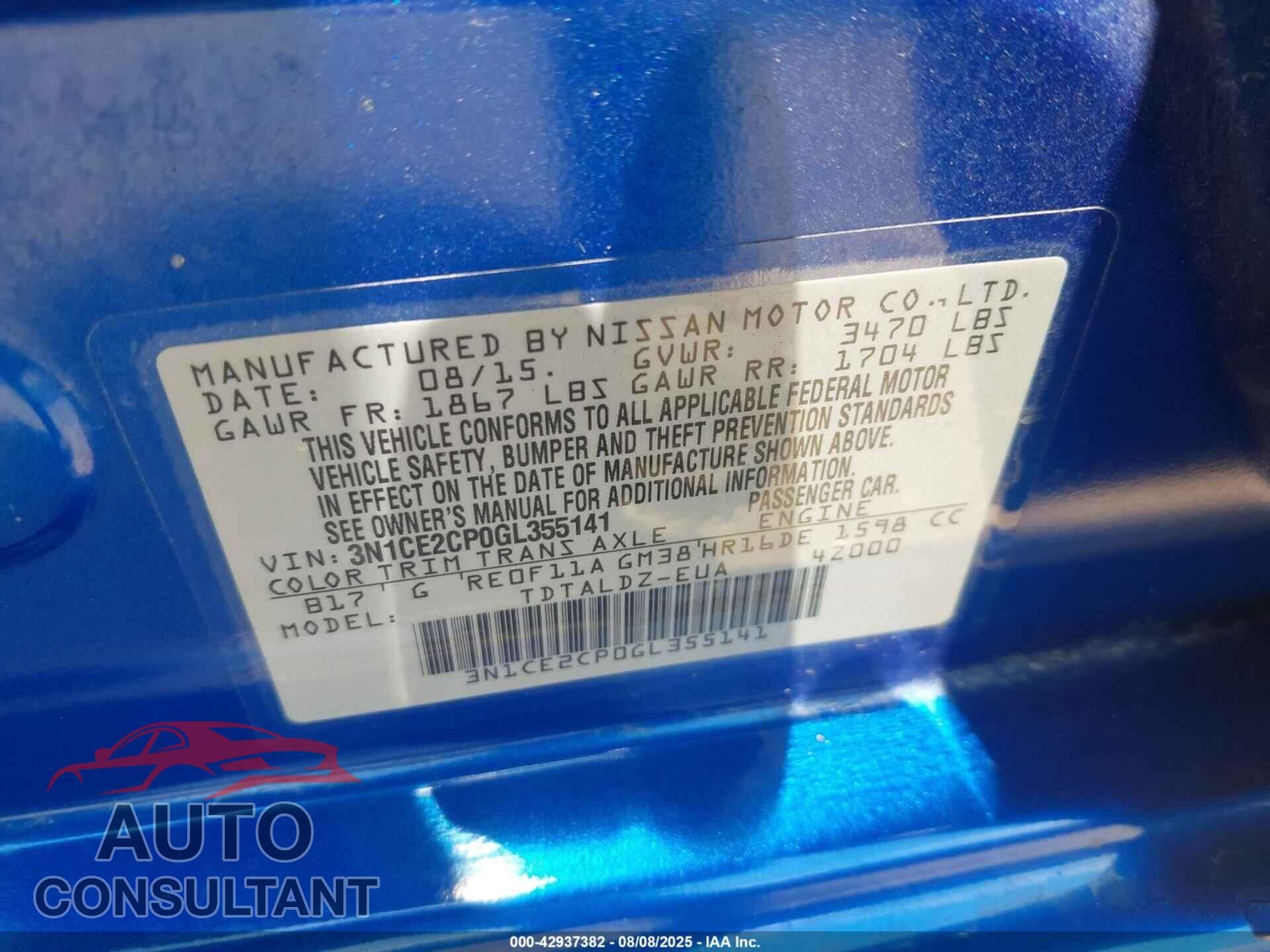 NISSAN VERSA NOTE 2016 - 3N1CE2CP0GL355141