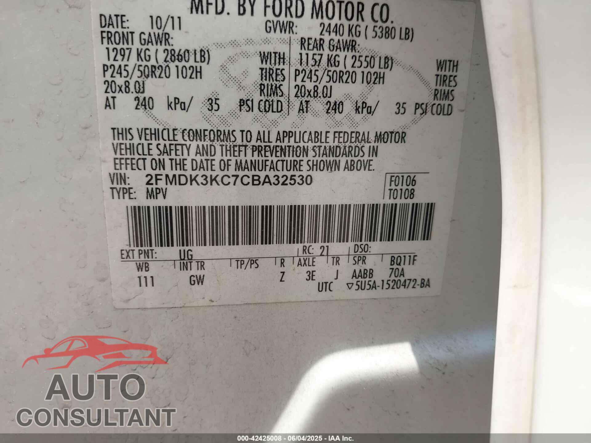FORD EDGE 2012 - 2FMDK3KC7CBA32530