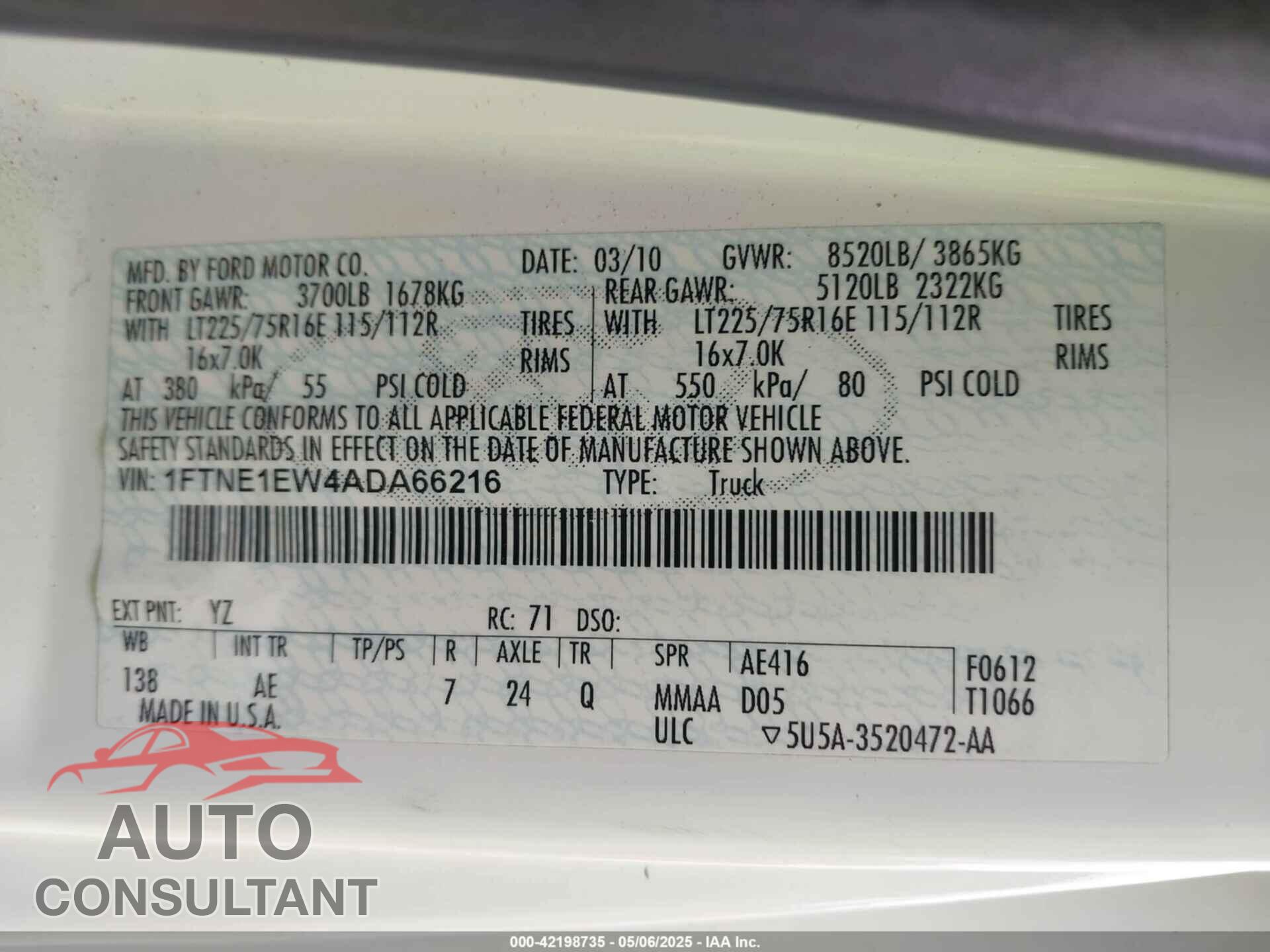 FORD E-150 2010 - 1FTNE1EW4ADA66216