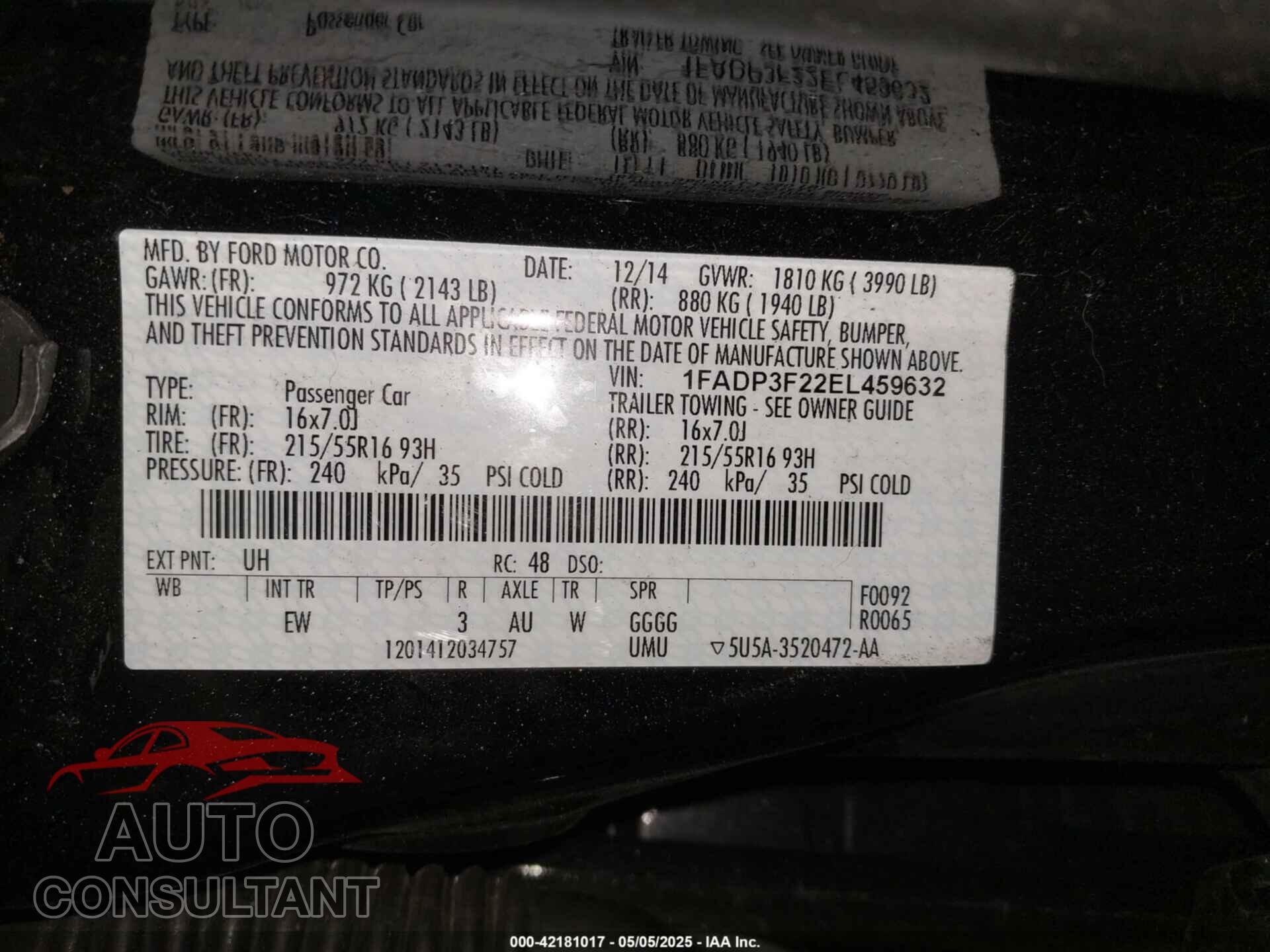 FORD FOCUS 2014 - 1FADP3F22EL459632