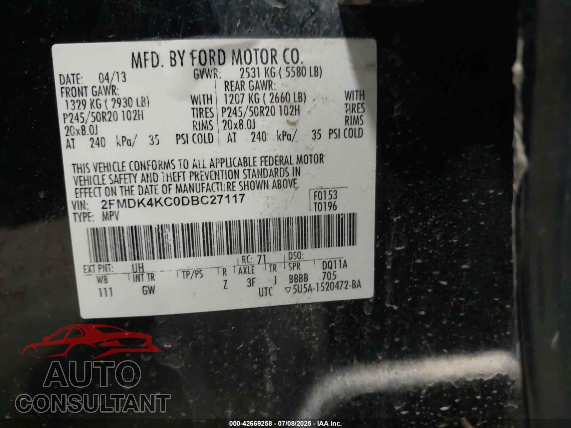 FORD EDGE 2013 - 2FMDK4KC0DBC27117