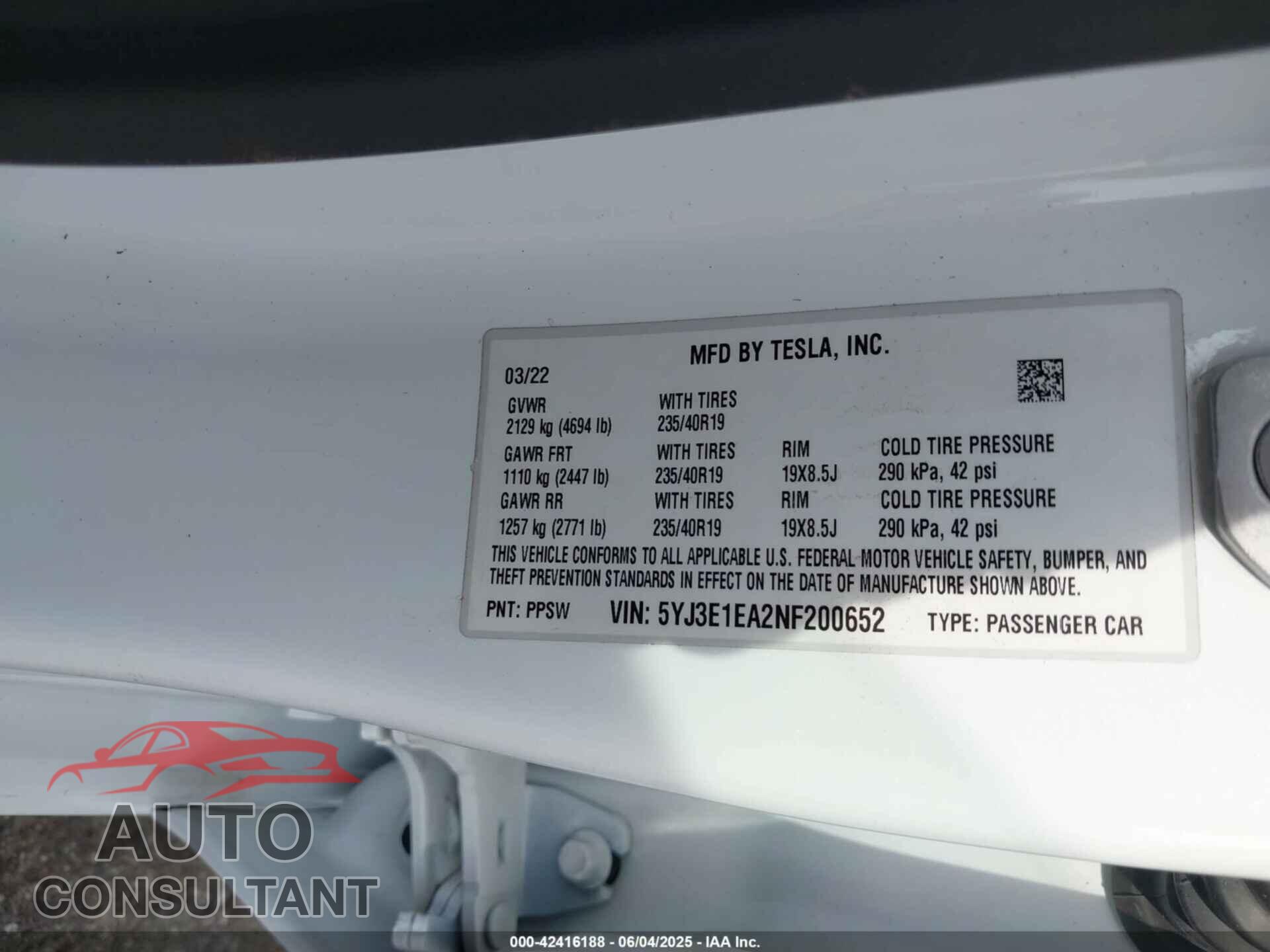 TESLA MODEL 3 2022 - 5YJ3E1EA2NF200652