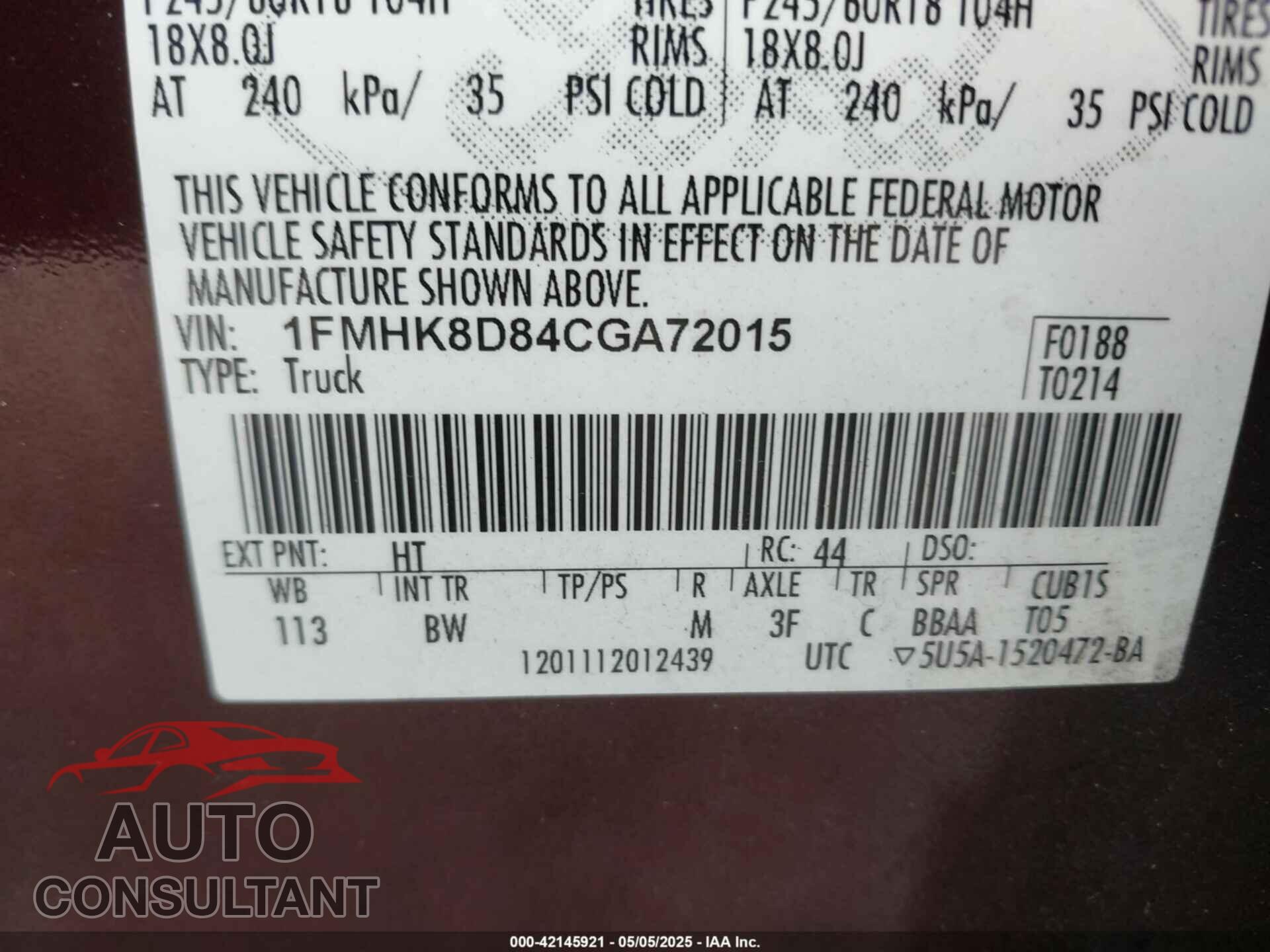 FORD EXPLORER 2012 - 1FMHK8D84CGA72015