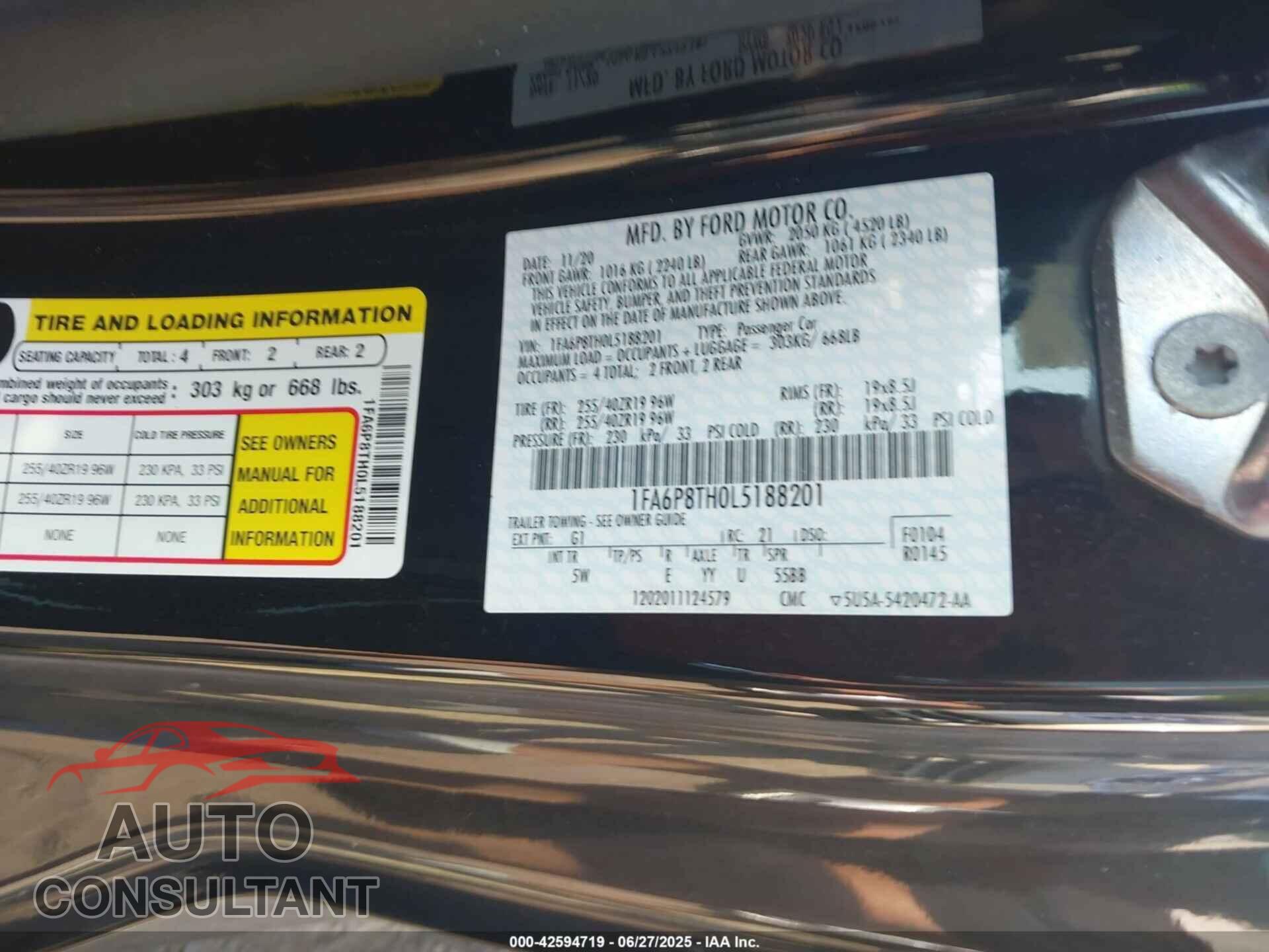 FORD MUSTANG 2020 - 1FA6P8TH0L5188201