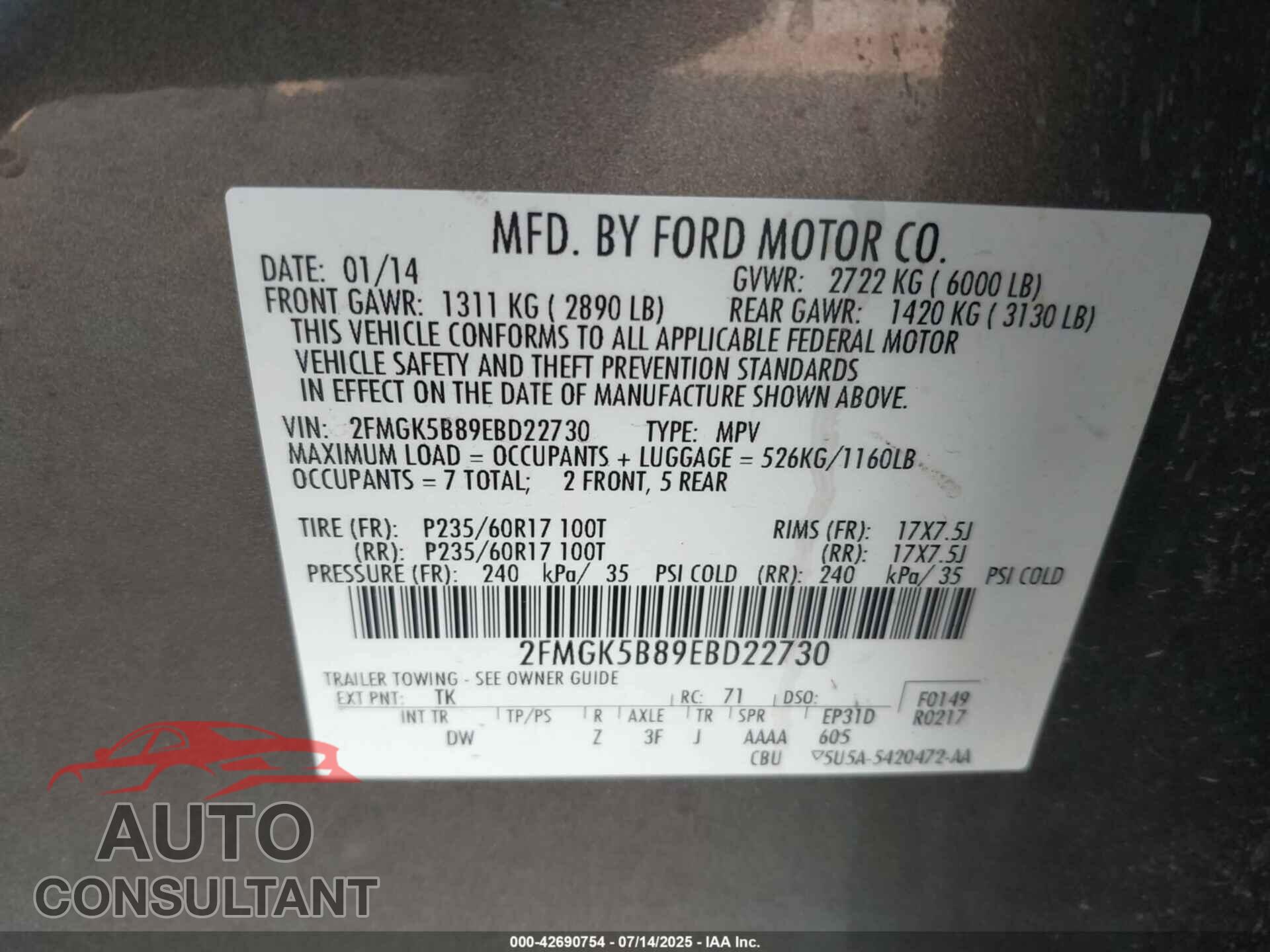 FORD FLEX 2014 - 2FMGK5B89EBD22730