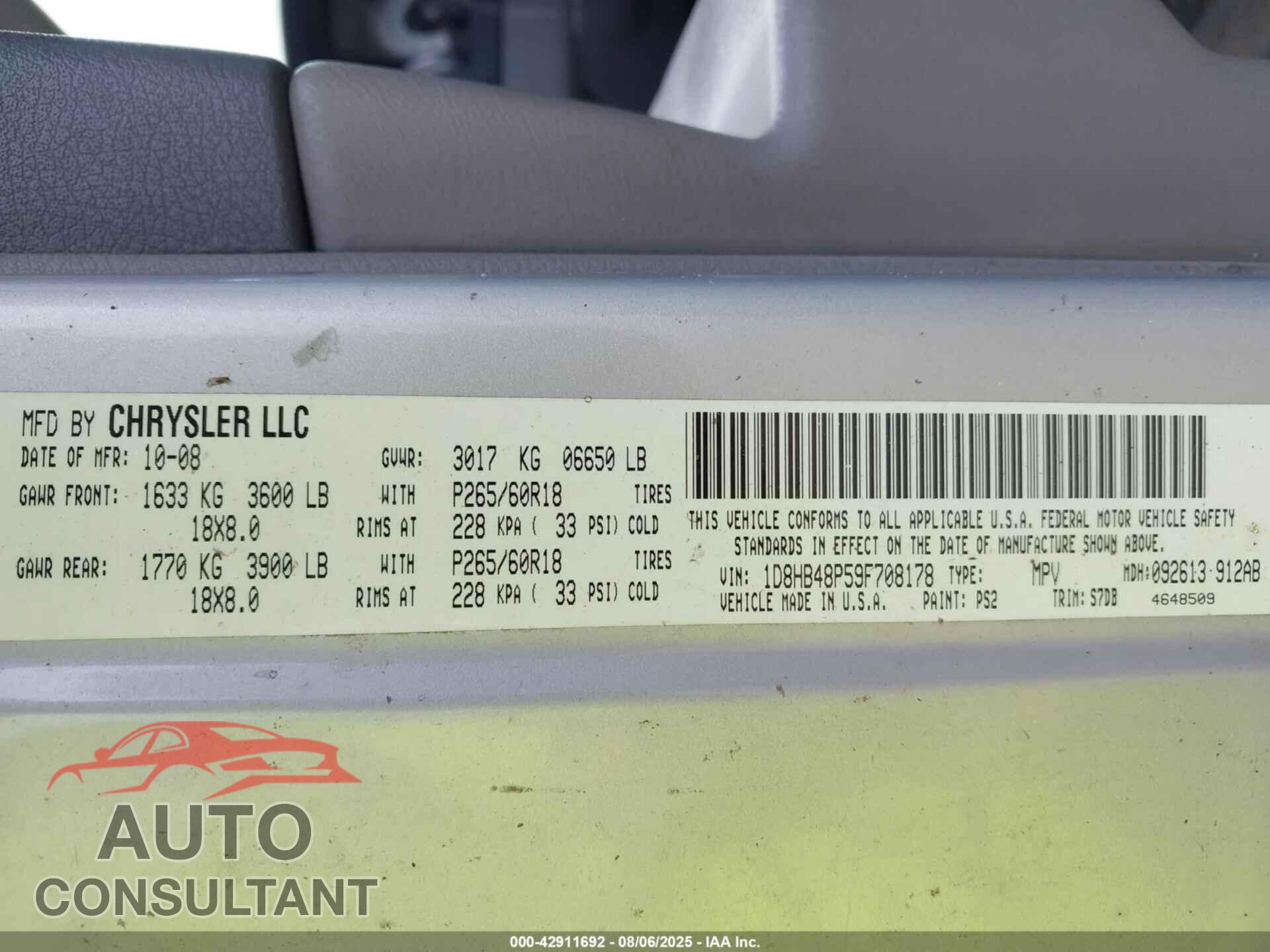 DODGE DURANGO 2009 - 1D8HB48P59F708178