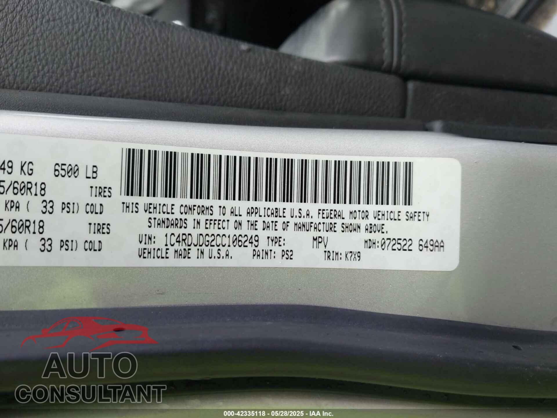 DODGE DURANGO 2012 - 1C4RDJDG2CC106249