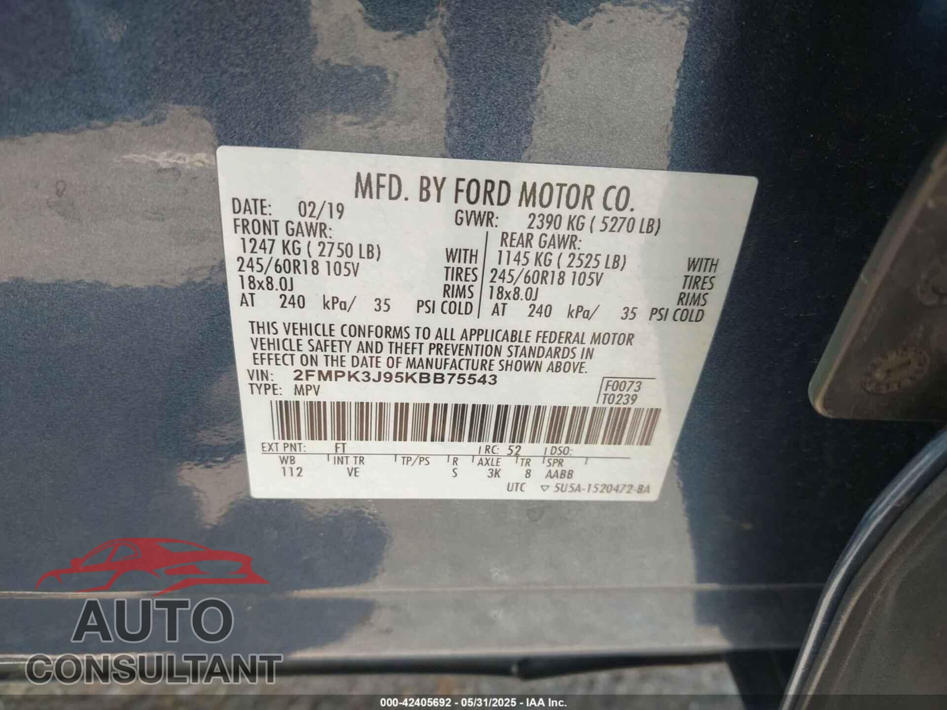 FORD EDGE 2019 - 2FMPK3J95KBB75543