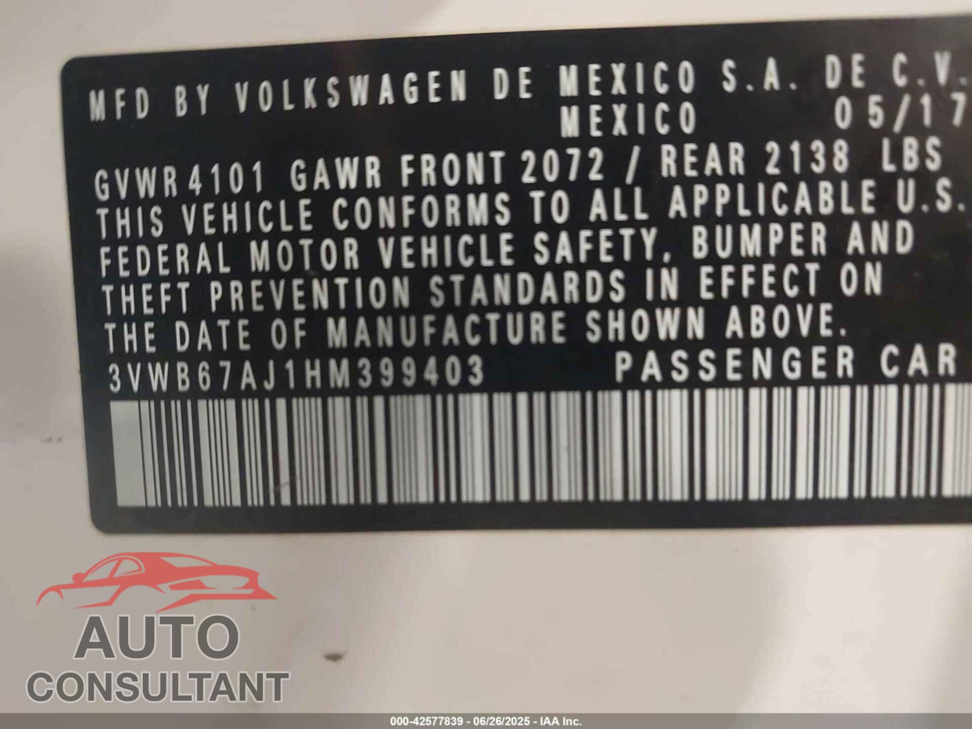 VOLKSWAGEN JETTA 2017 - 3VWB67AJ1HM399403