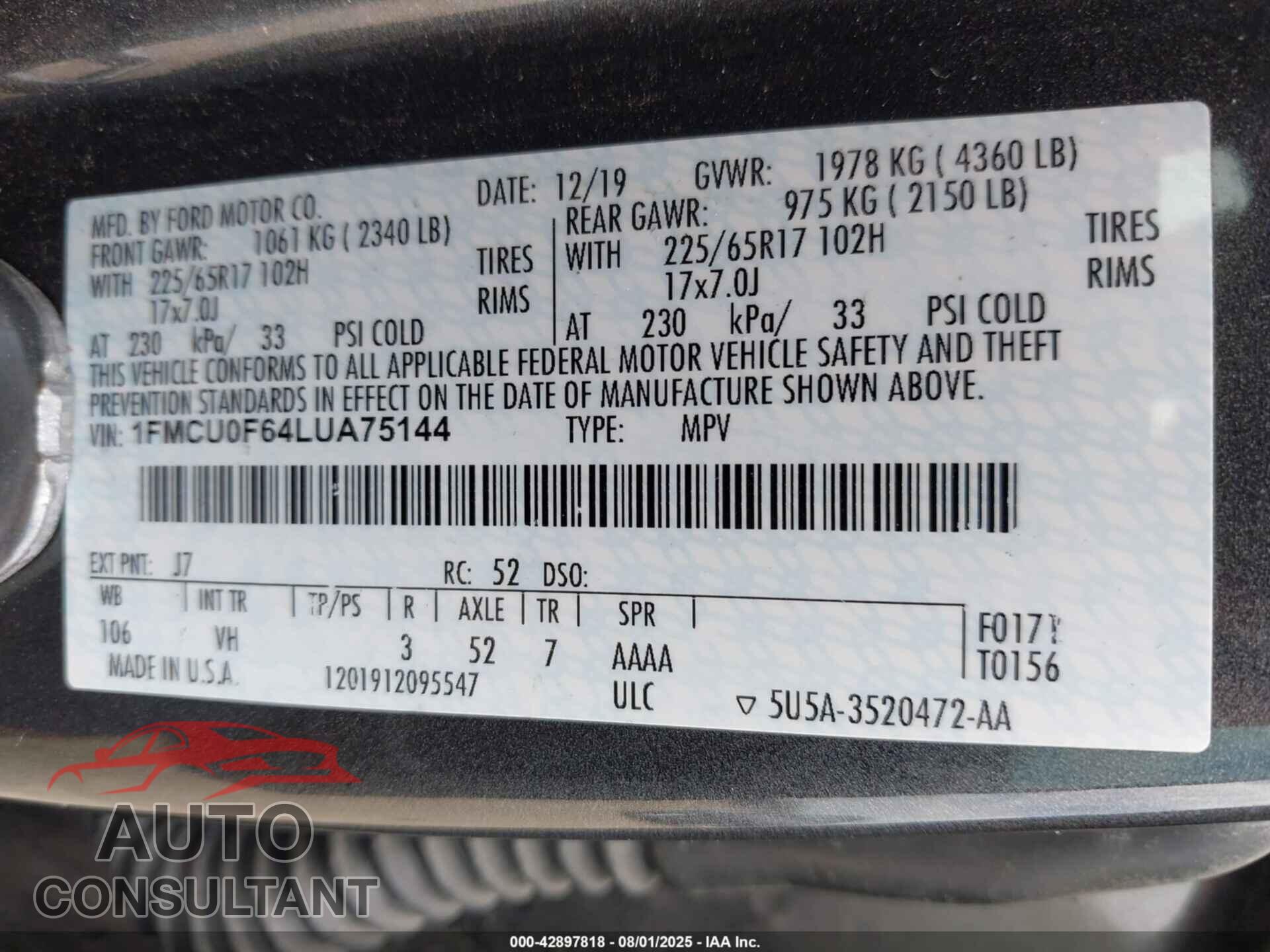 FORD ESCAPE 2020 - 1FMCU0F64LUA75144