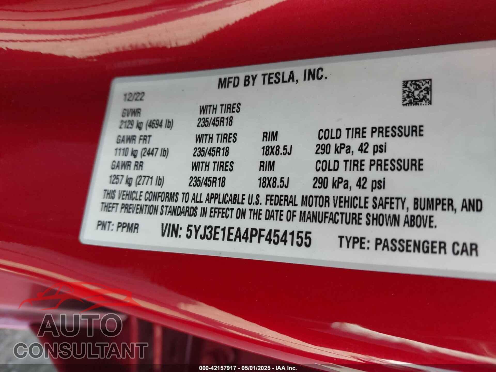TESLA MODEL 3 2023 - 5YJ3E1EA4PF454155