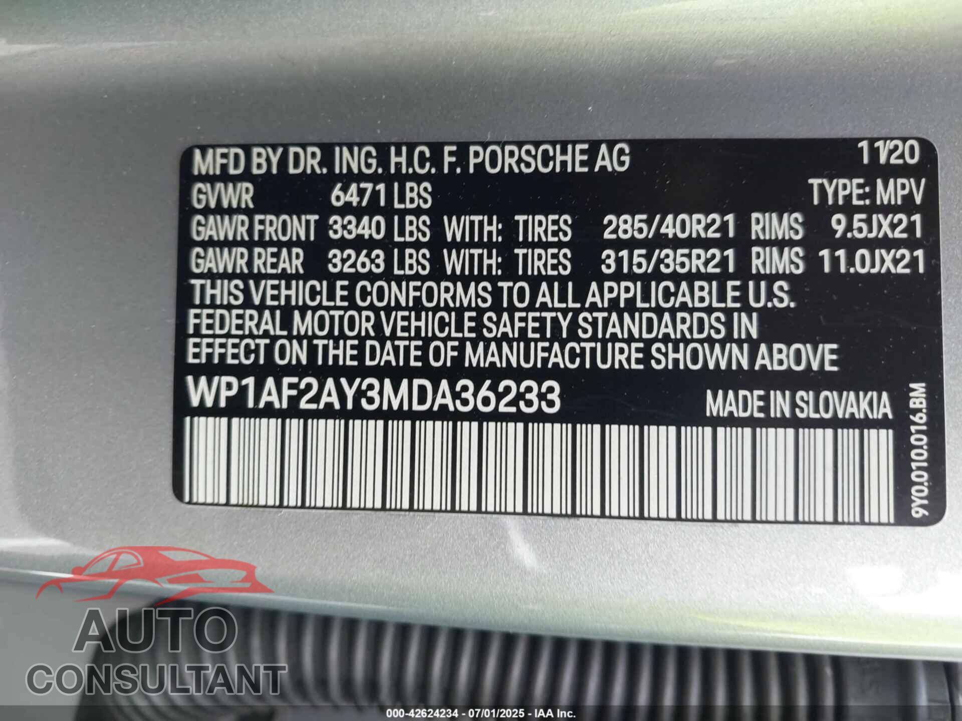 PORSCHE CAYENNE 2021 - WP1AF2AY3MDA36233