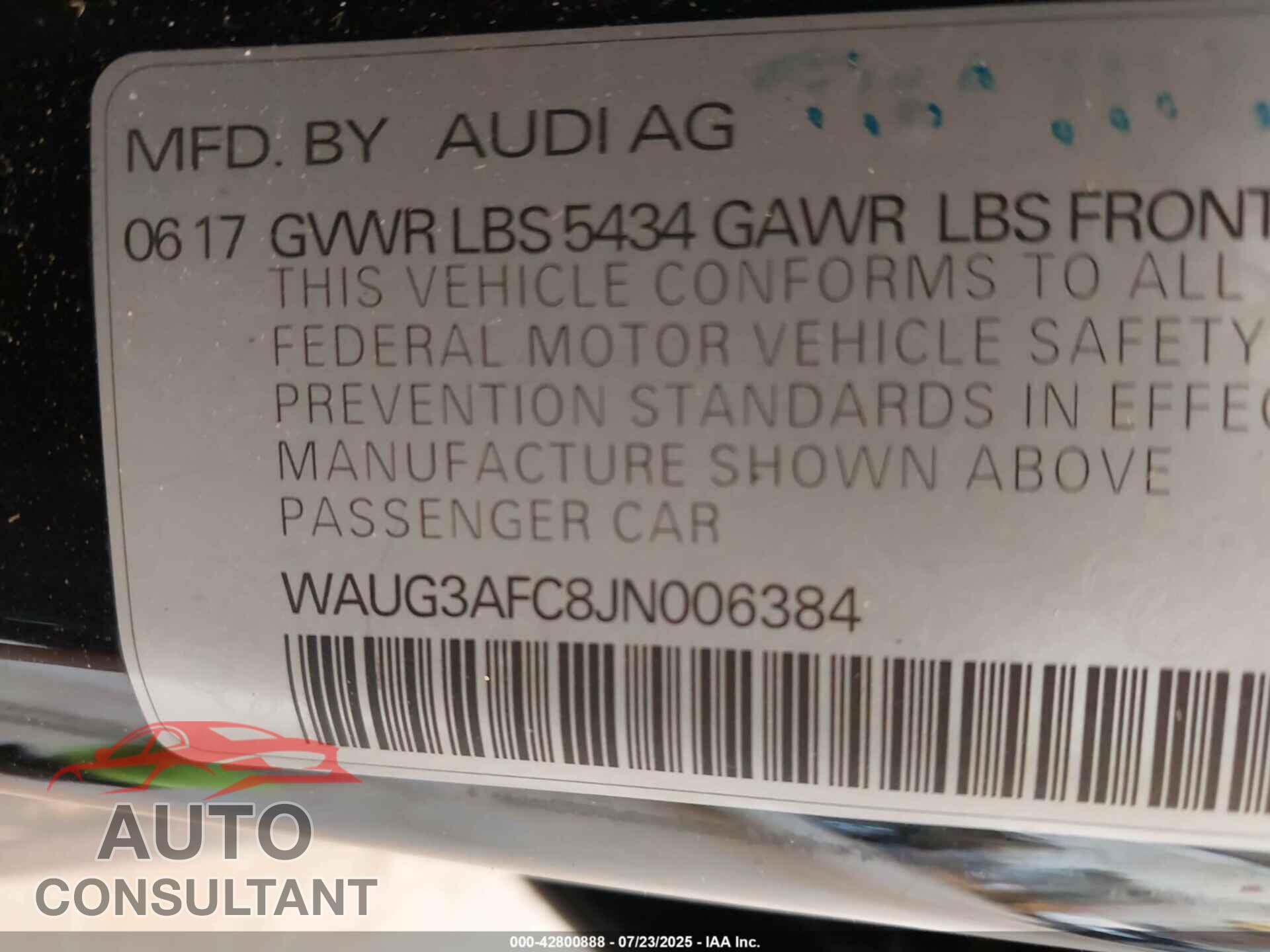 AUDI A6 2018 - WAUG3AFC8JN006384