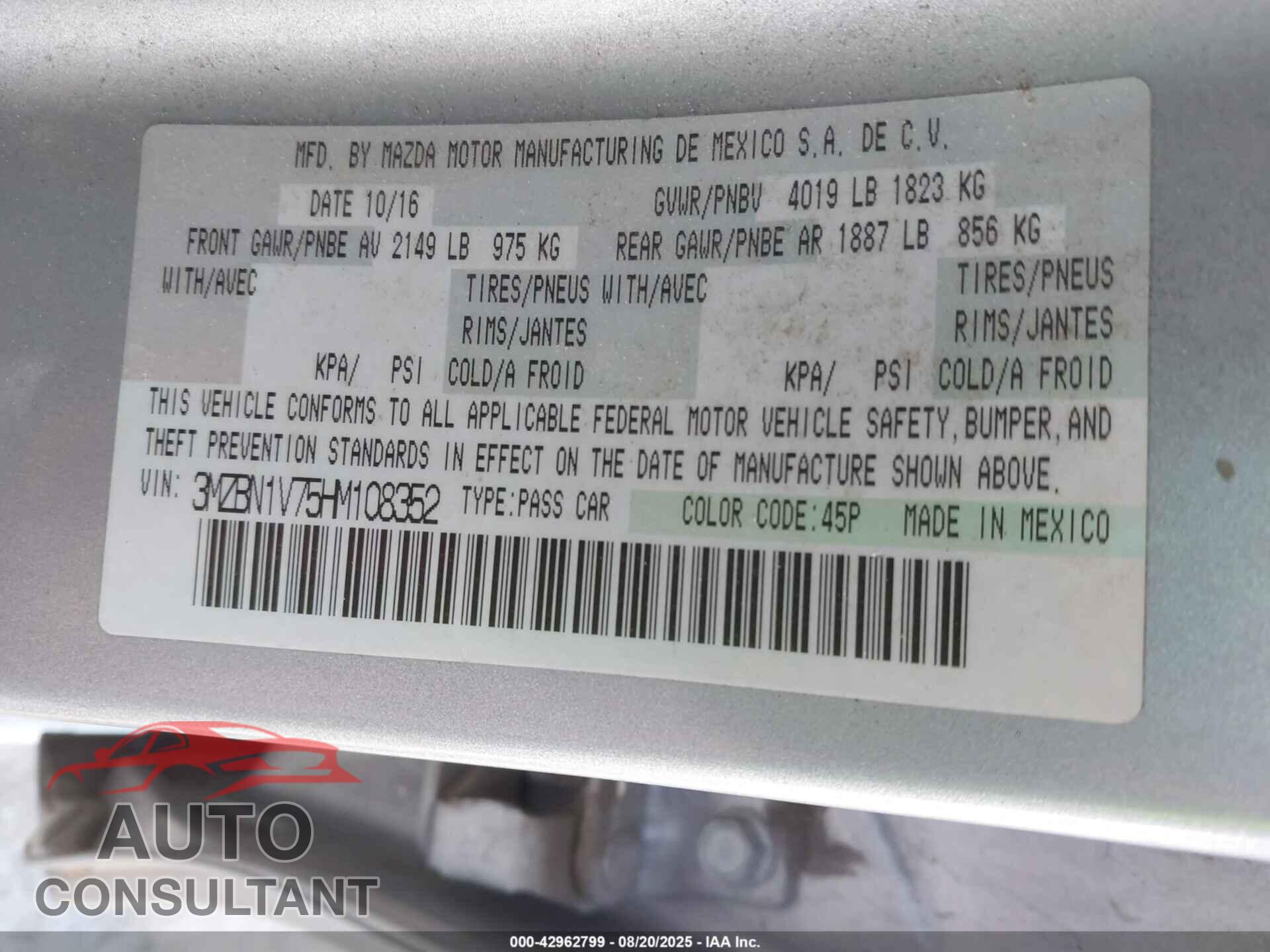 MAZDA MAZDA3 2017 - 3MZBN1V75HM108352