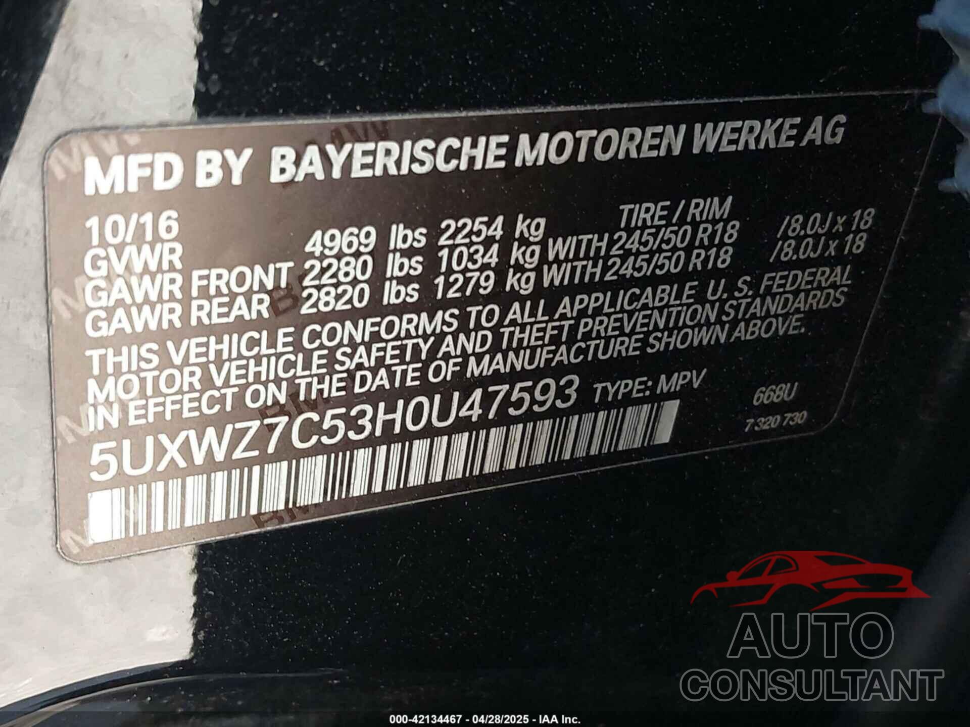 BMW X3 2017 - 5UXWZ7C53H0U47593