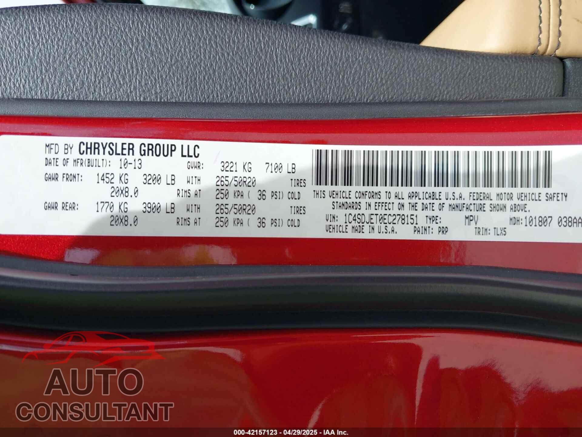 DODGE DURANGO 2014 - 1C4SDJET0EC278151