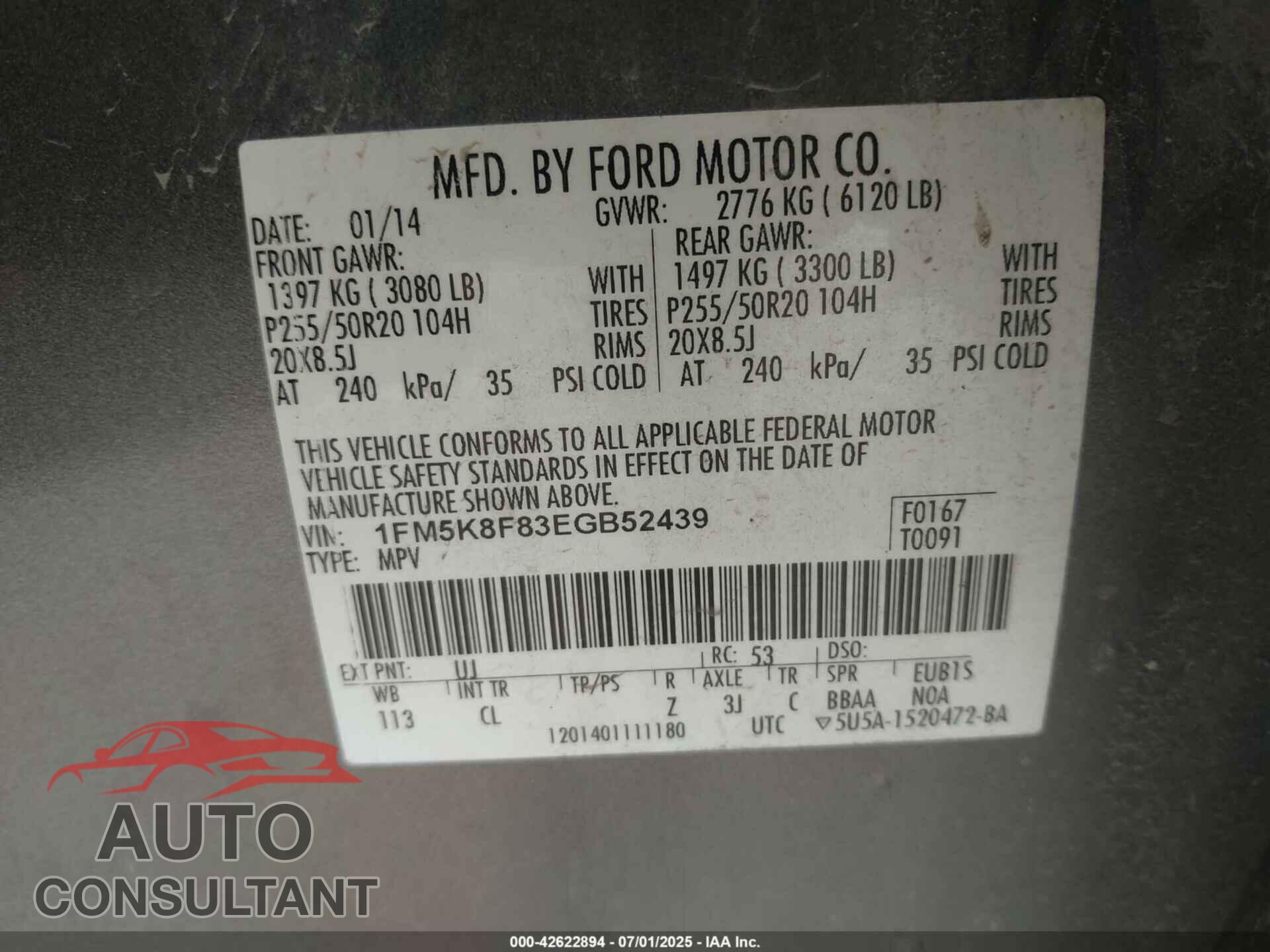 FORD EXPLORER 2014 - 1FM5K8F83EGB52439