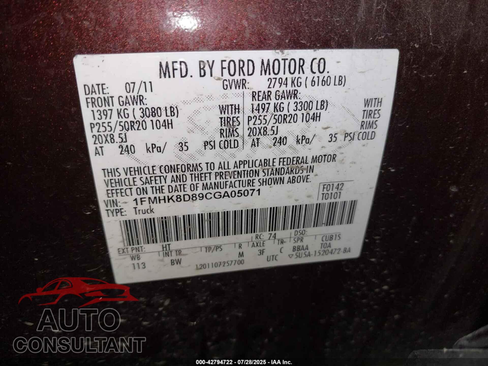 FORD EXPLORER 2012 - 1FMHK8D89CGA05071